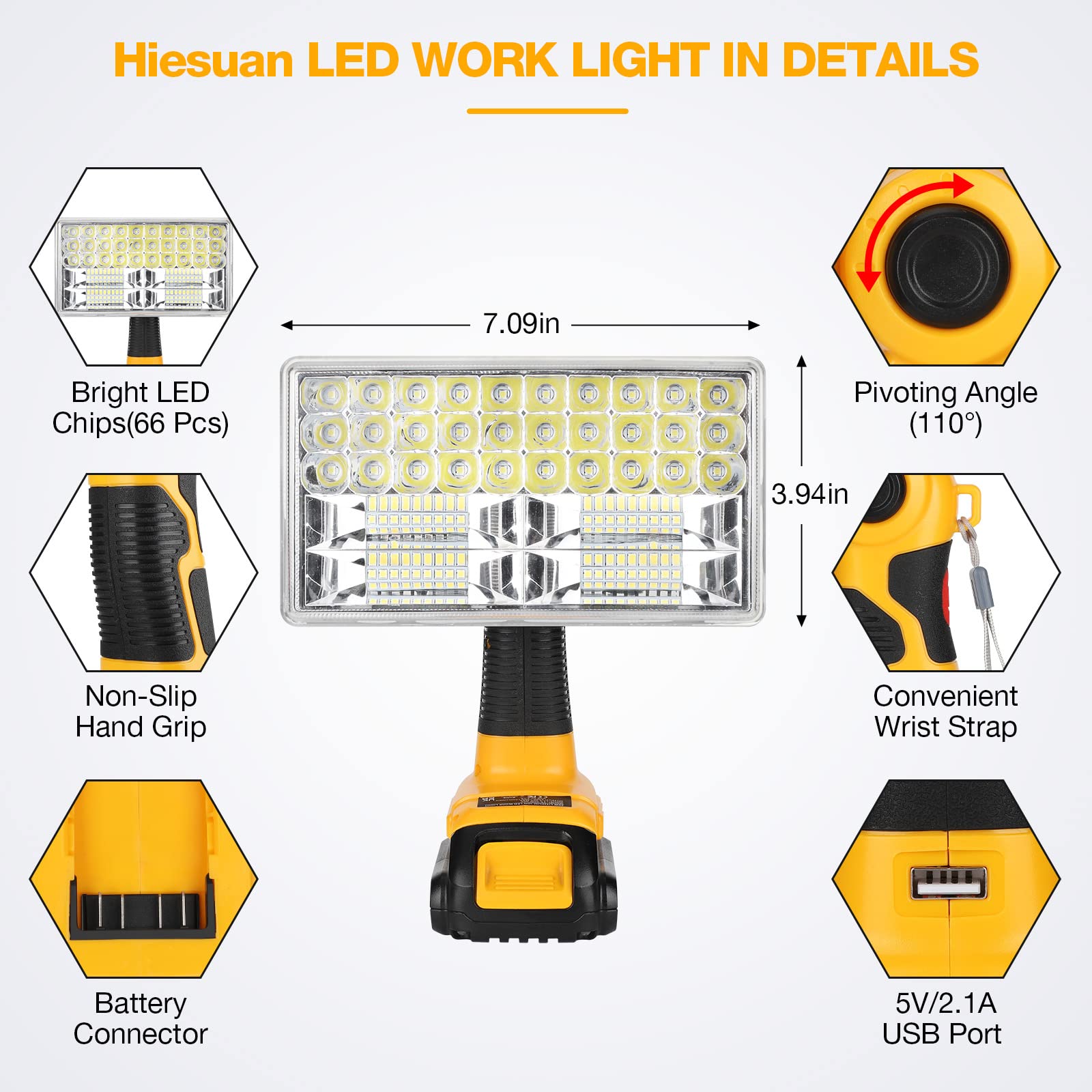 Hiesuan Led Work Light For Dewalt 20V Battery, 30W 3300Lm Jobsite Light Flashlight Spotlight With 110 Degree Pivoting Head Zinc