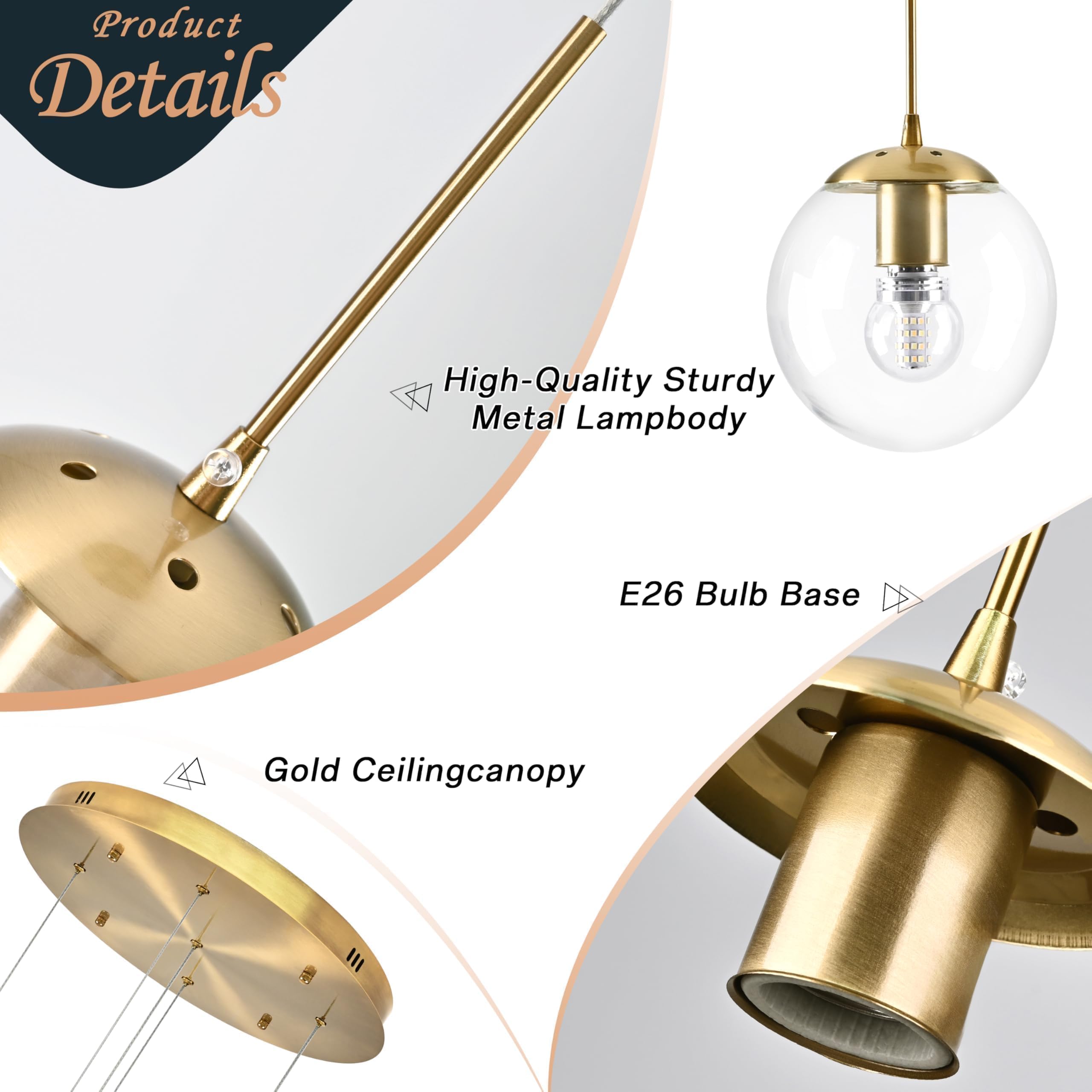 Koko&Yukina 5-Light Globe Glass Pendant Light Adjustable Length Pendant Lights Modern Gold Clear Globe Glass Chandelier High Cei