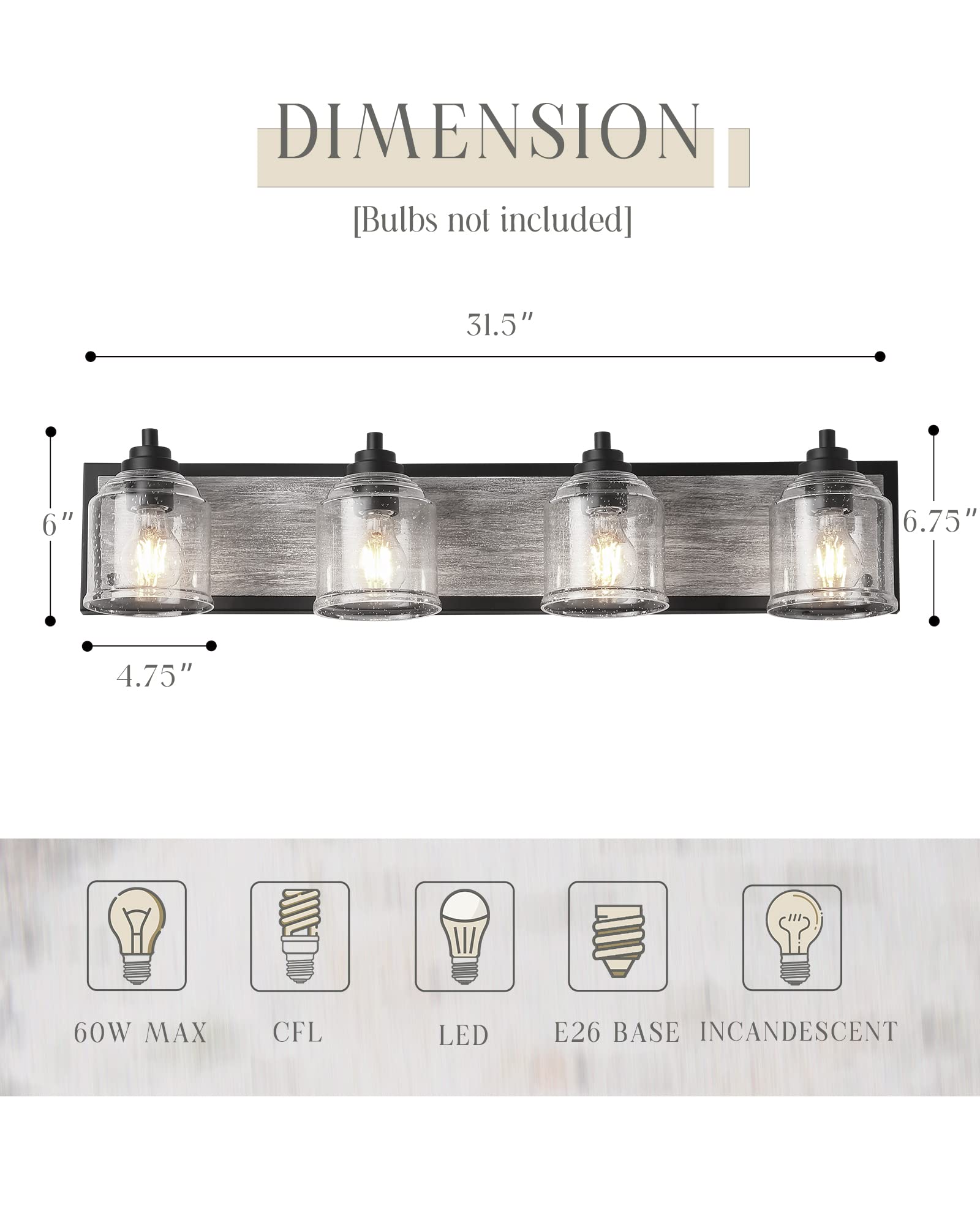 31.5" Large Farmhouse Bathroom Vanity Light,Handmade Grey Wood Vanity Light With Bubble Glass Shades,4-Light Rustic Wall Sconce Lighting Fixtures Over Mirror, Bd005-4-Bk