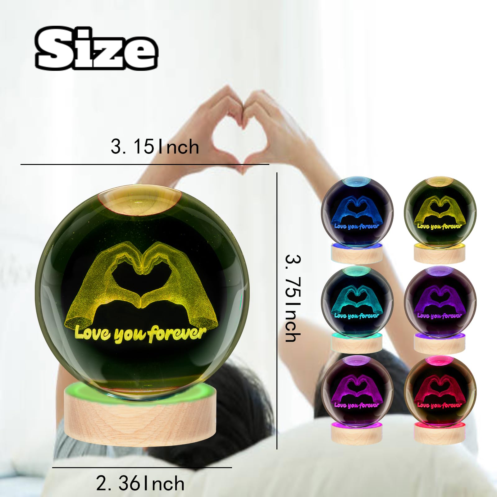 CULDETHA Crystal Ball Lamp, 3.15-inch Heart-Shaped Night Light, K9 Glass, Multicolor Hearts2, Decorative Bedroom Gift