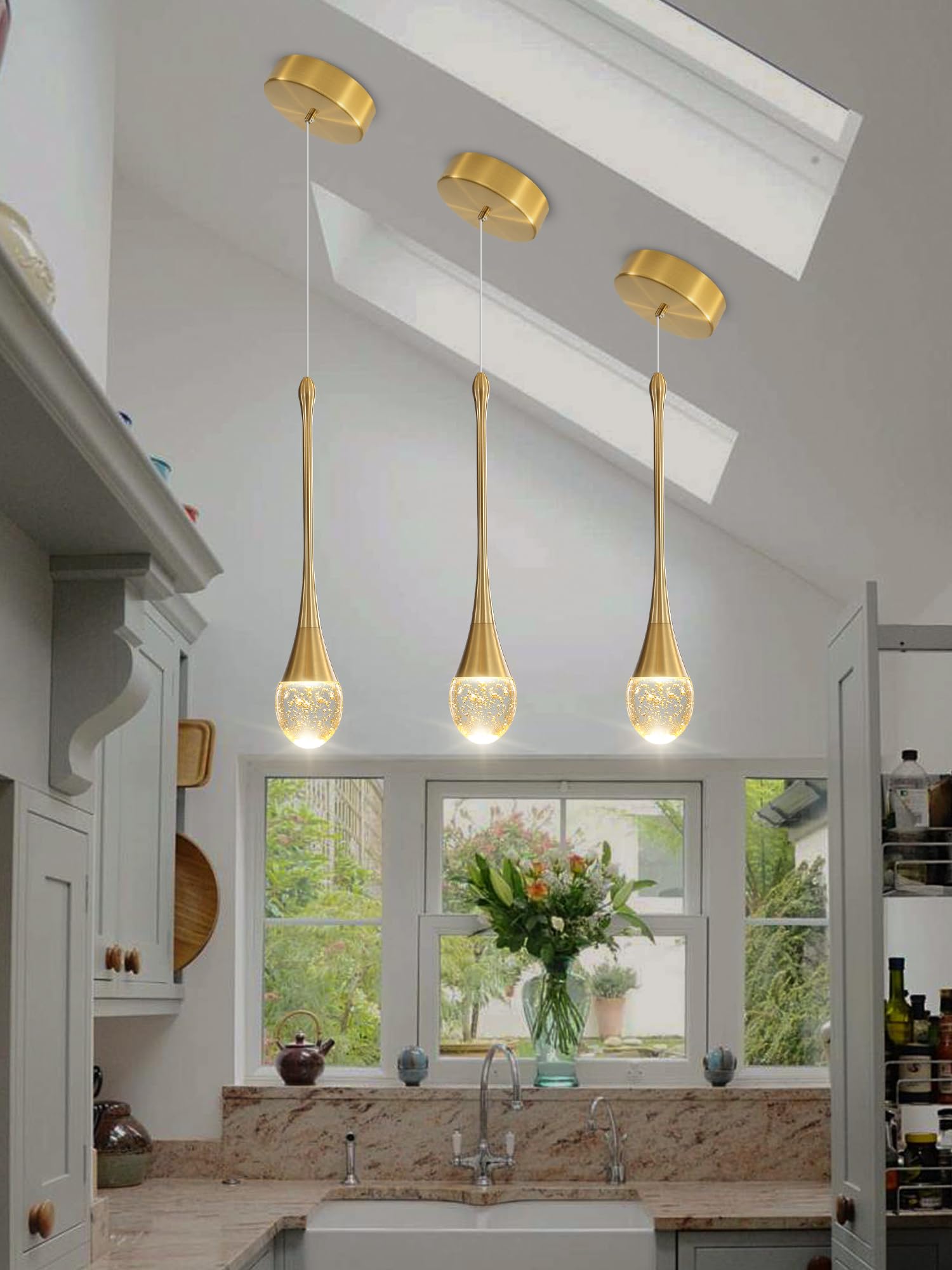 Ykolupty Single Head Gold Bubble Crystal Chandelier Modern Led Pendant Lights For Kitchen Island Dimmable 3000-6000K(3 Independe