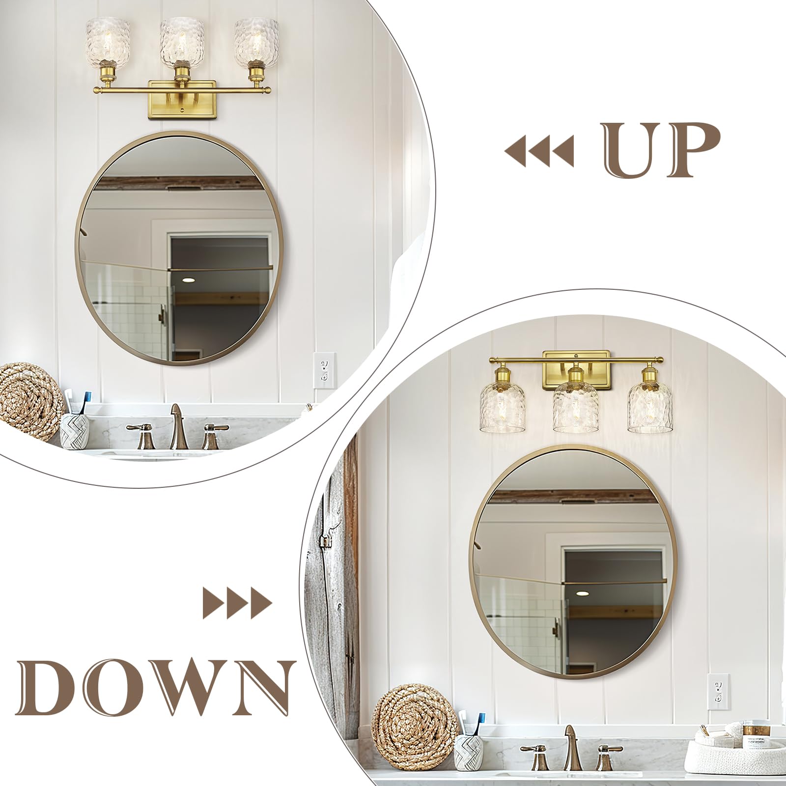 Zeyu 21 Inch Bathroom Wall Sconce, 3 Light Sconces Wall Lighting Over Mirror, Brushed Gold Finish With Clear Hammered Glass, Zjf