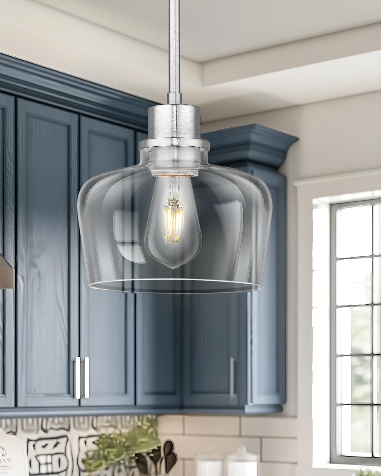 Emak Brushed Nickel Pendant Lights, Modern 8 Inch Clear Glass Pendant Light Fixtures For Kitchen, Bathroom, Bedroom, Dining Room