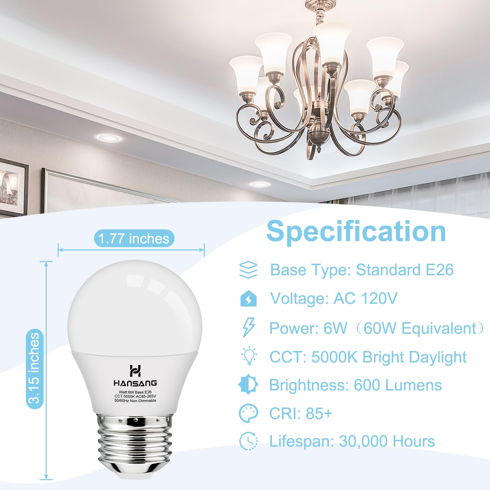 hansang A15 LED Light Bulb, 60W Equivalent, 600 Lumen, 5000K Daylight, E26 Base, 8 Pack, Eye Protection, Non-Dimm