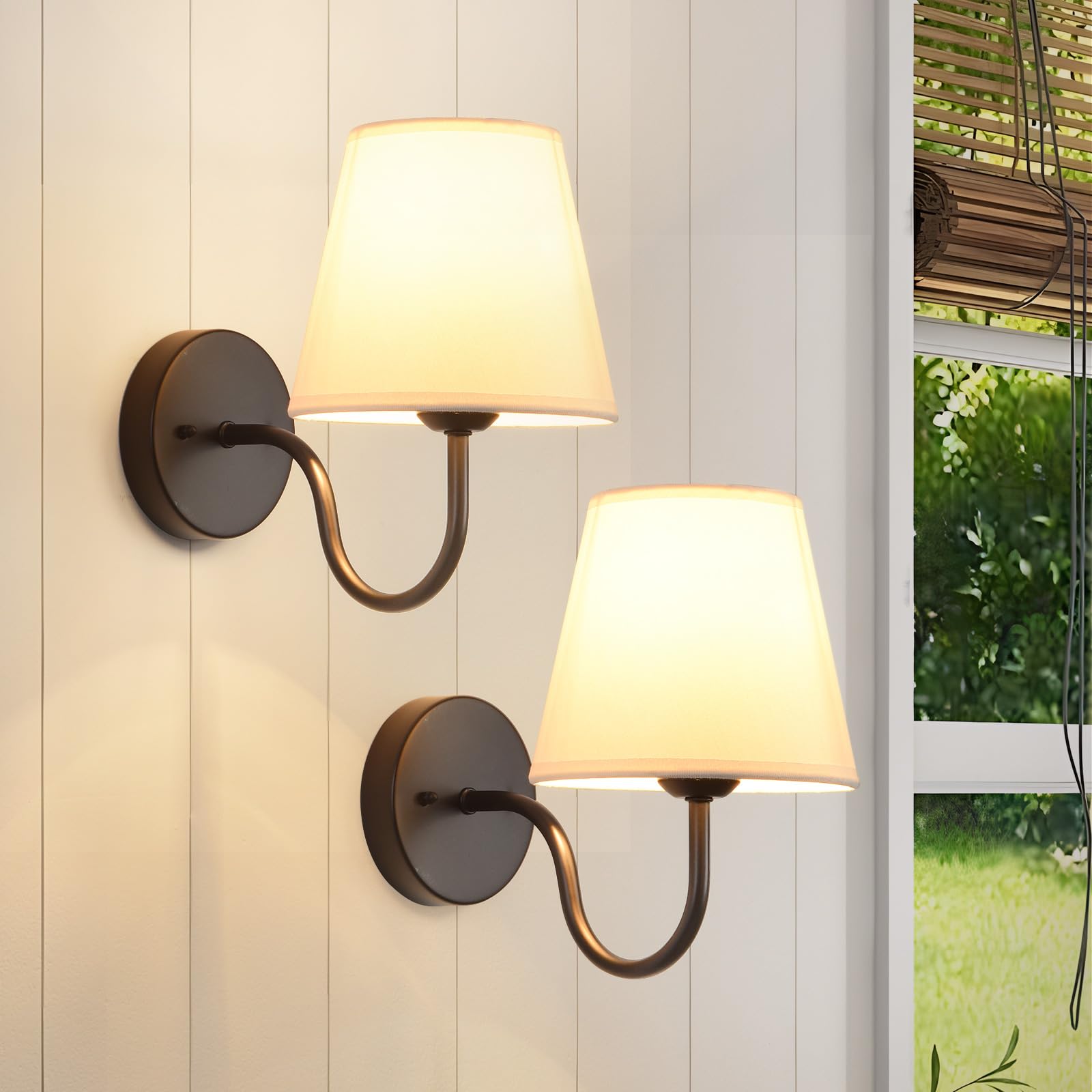 Smeike Wall Sconces Sets of 2  Bathroom Vanity Sconces Wall Lighting  Indoor Wall Lights with Light Beige Fabric Shades  Black Wall Mounted Lamps for Bedroom Living Room Hallway Kitchen  Hardwire
