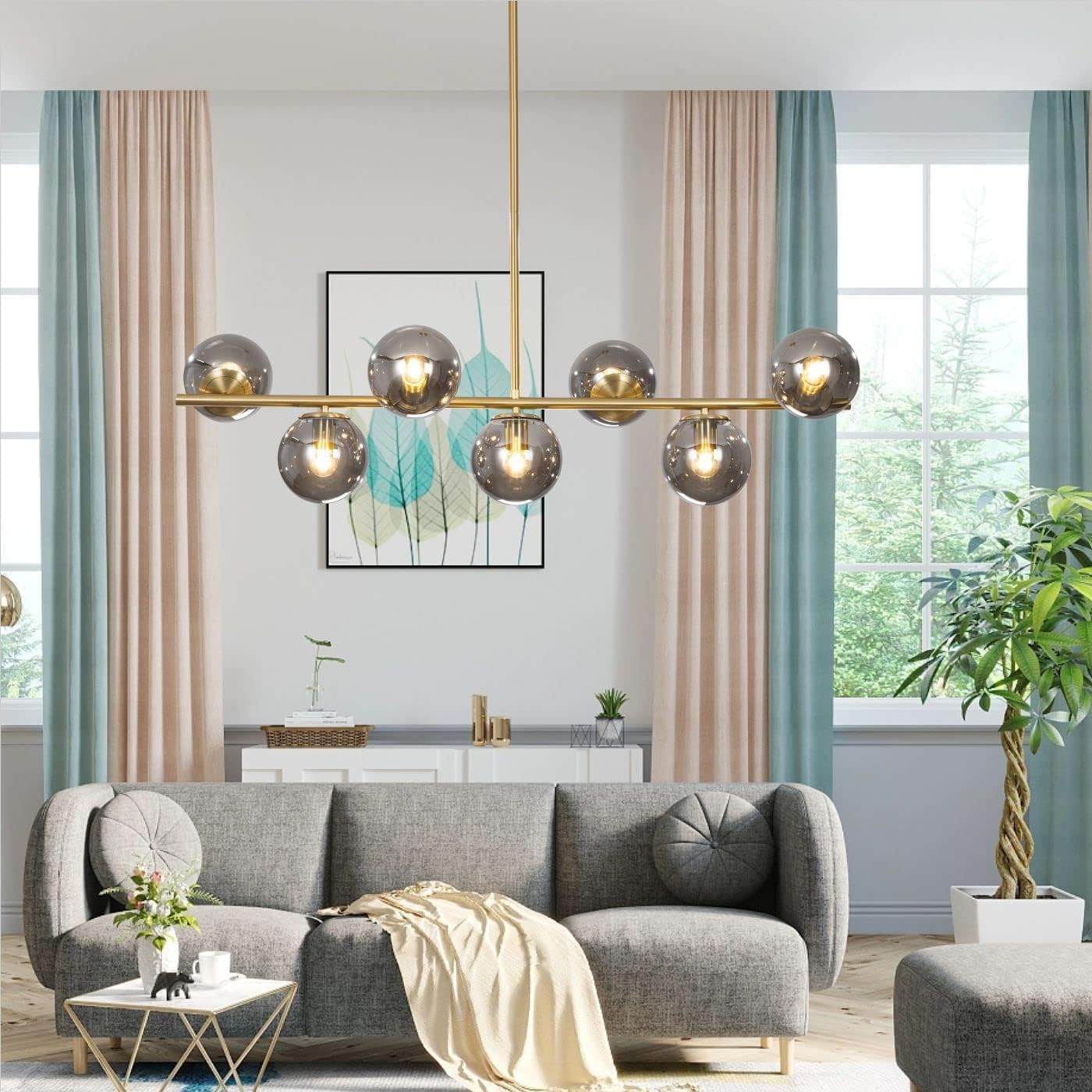 Kco Mid Century Modern 7-Light Gold Brass Sputnik Chandelier With Smoke Glass Spheres