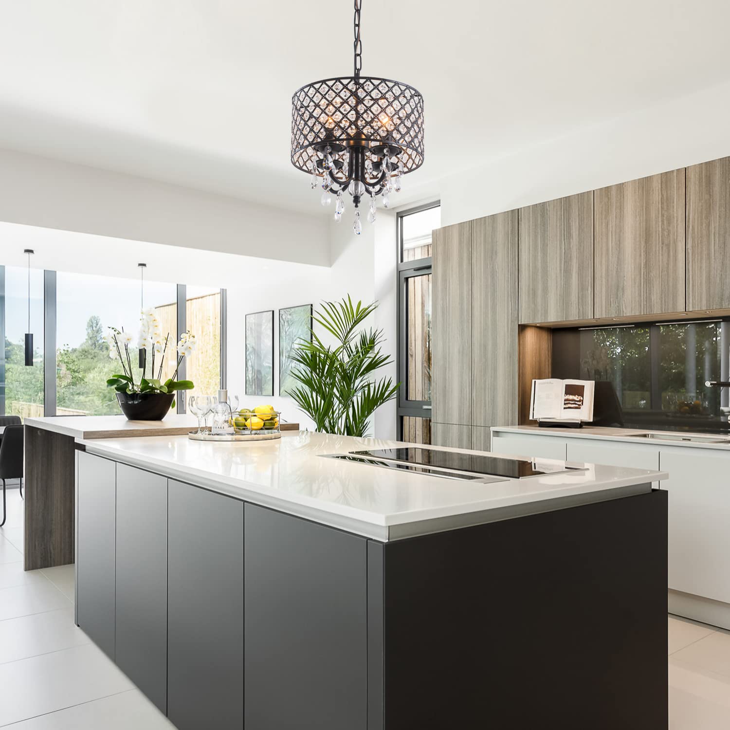 VILUXY Black Crystal Chandelier - Modern 4-Light Pendant Light Fixture for Bedroom, Kitchen, Dining Room, Entry