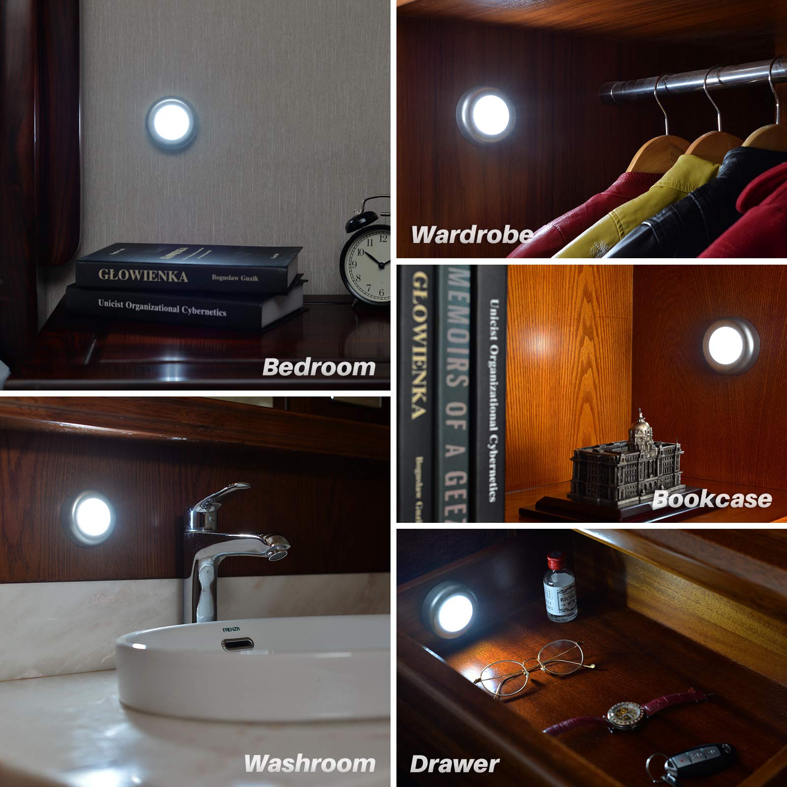Star-Spangled Tap Light - Battery-Powered Mini Led Puck Lights, 7Cm, Silver, 5-Pack, Ideal For Closets & Under Cabinets