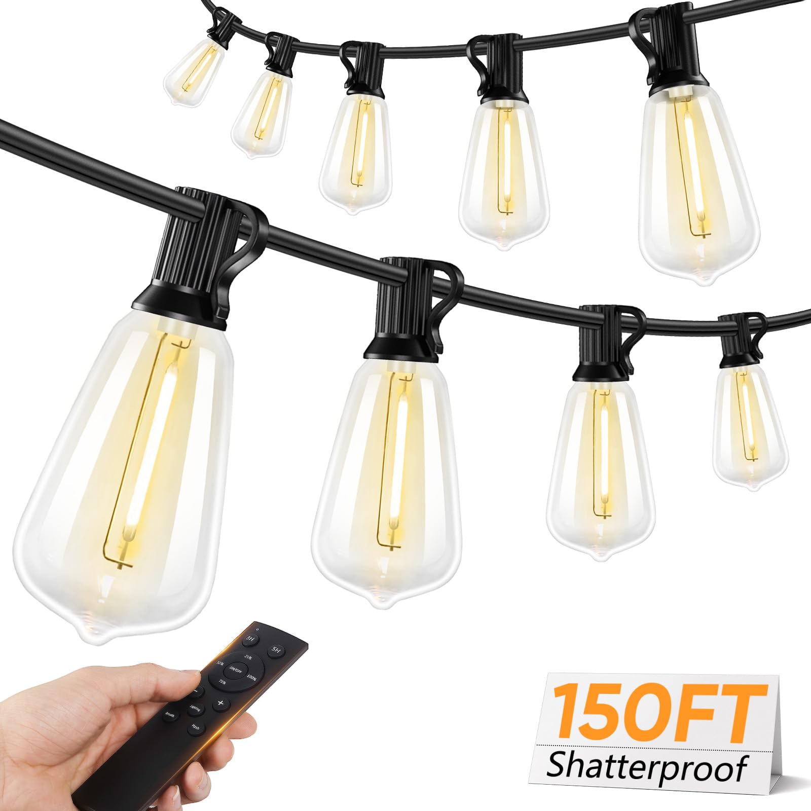 Brightever LED Outdoor String Lights, 150FT Dimmable, 45 Shatterproof Bulbs, 3 Lighting Modes, Black