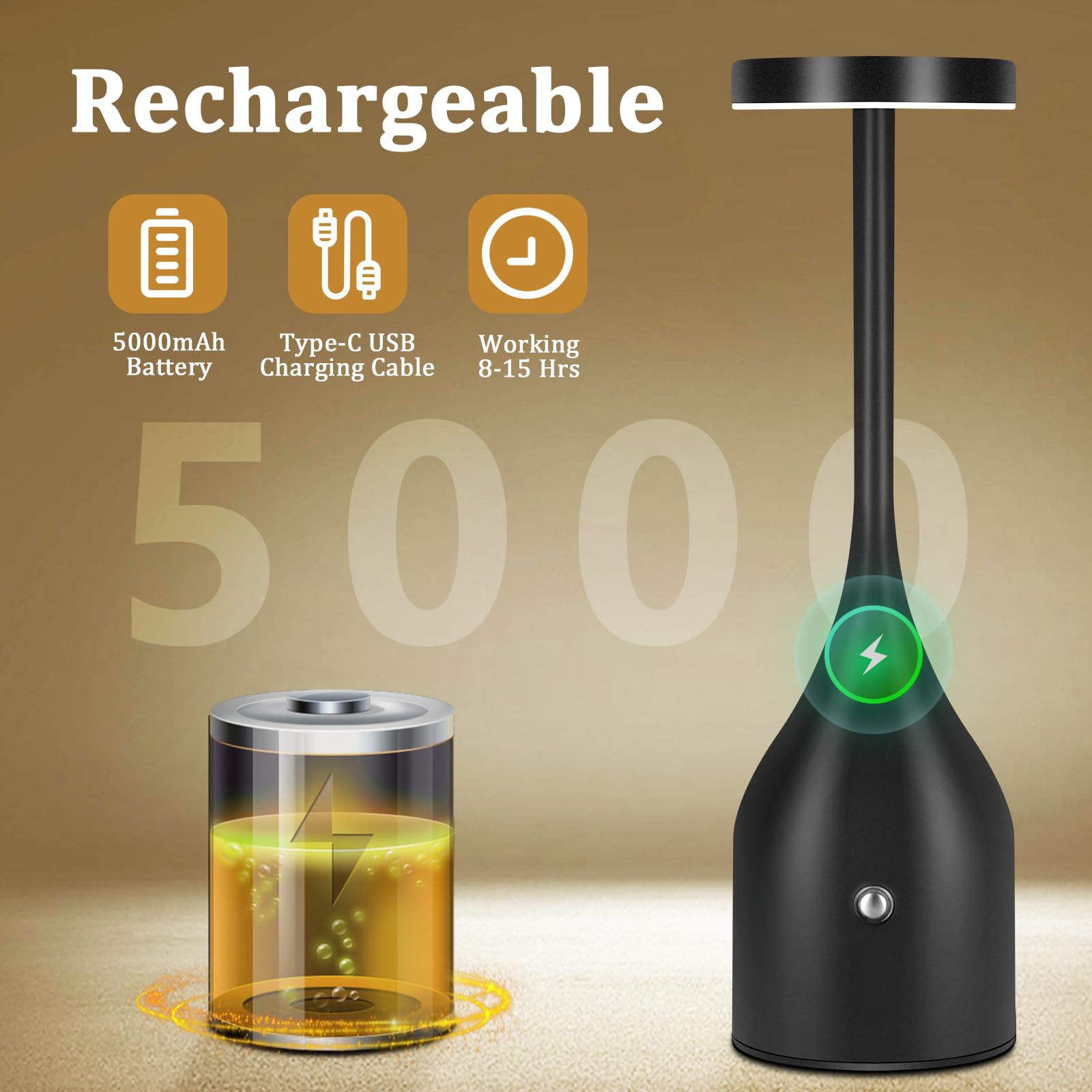 FenFud Cordless Table Lamp - 5000mAh LED Light, Waterproof, 2 Pack, Black
