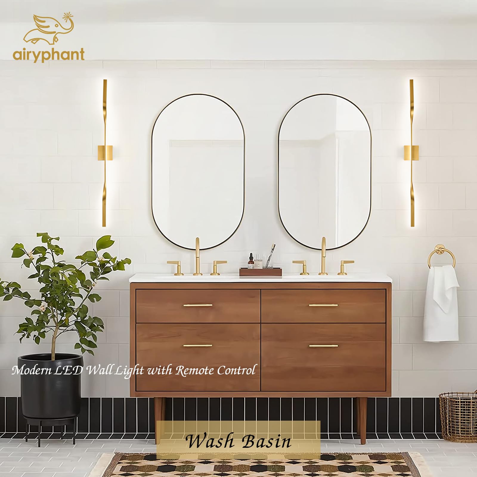 AIRYPHANT LED Vanity Light 48” Dimmable Wall Lamp with Remote Control, Gold, Model W2011-120GDC2, 2 Pack