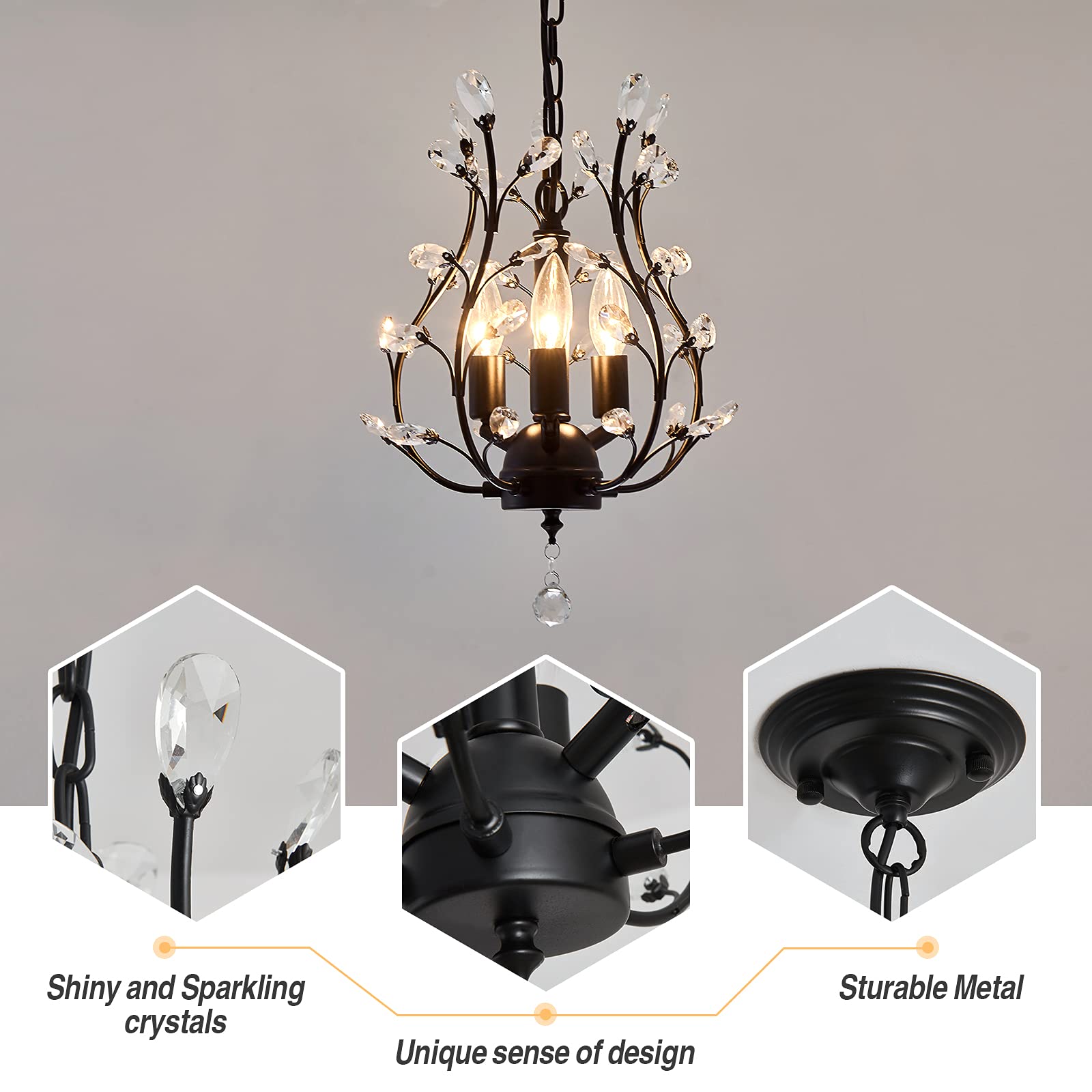CVKASH 3-Light Crystal Chandelier Flush Mount, 11 Inch, Matte Black Metal, Vintage Style for Bedroom, Porch, Dining Room, Kitchen