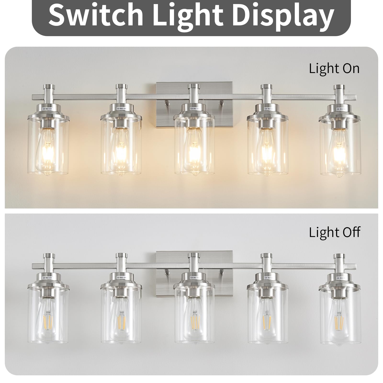 Aixialin 5 Lights Bathroom Light Fixtures, Brushed Nickel Vanity Light With Clear Glass Shade,Modern Wall Sconce For Mirror Bedr