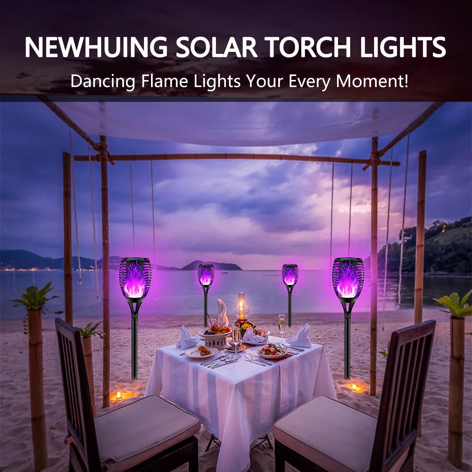 New Huing 4Pcs Halloween Purple Solar Torch Lights, 96 Led, Waterproof, 43In Dancing Flames