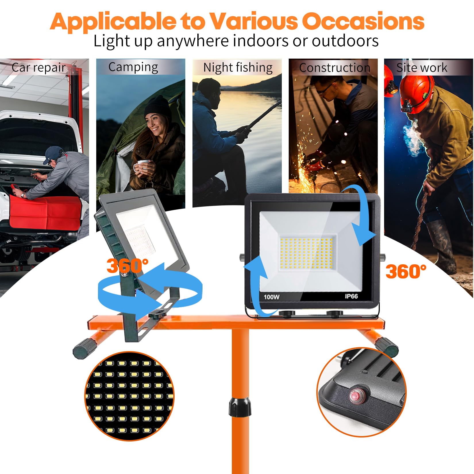 21000 Lumen Work Lights With Stand, 2 Adjustable Head Led Work Light, With Adjustable And Foldable Tripod Stand, Waterproof Lamp With Individual Switch With 6500 Kelvin Color Temperature