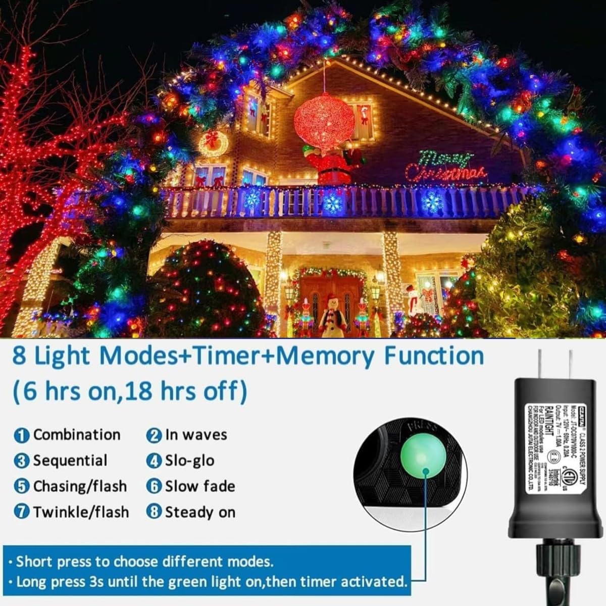 Yeguo Christmas Lights, 66Ft 200 Led String Lights Multicolor, Green Wire Twinkle Tree Lights Plug In For Indoor Outdoor