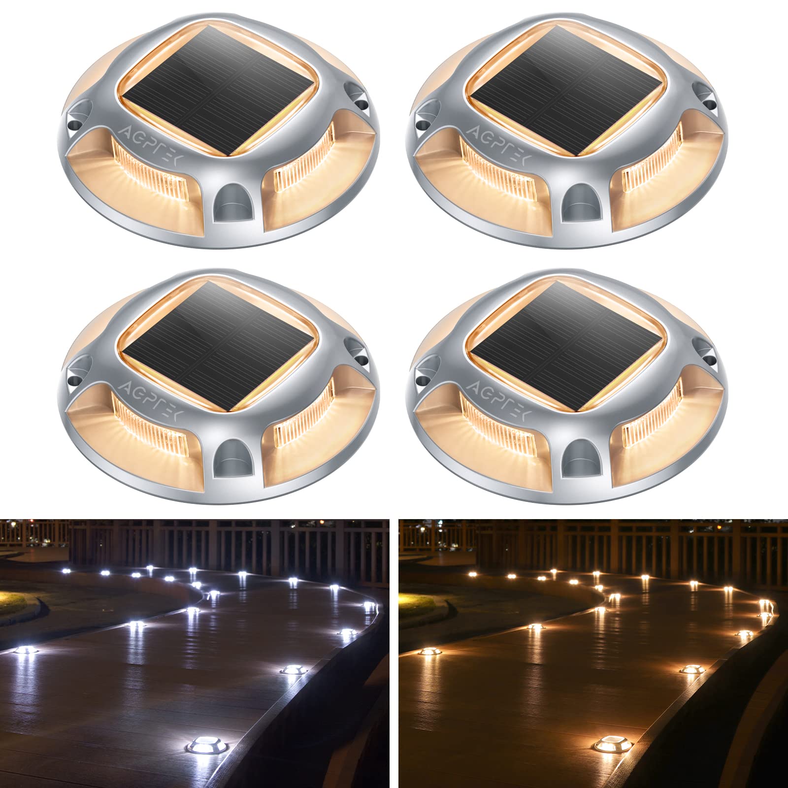 AGPTEK Solar Driveway Lights Solar Deck Lights 4 Pack, 2 Color Modes Dock Lights Marine Outdoor Waterproof LED Solar Driveway Ma