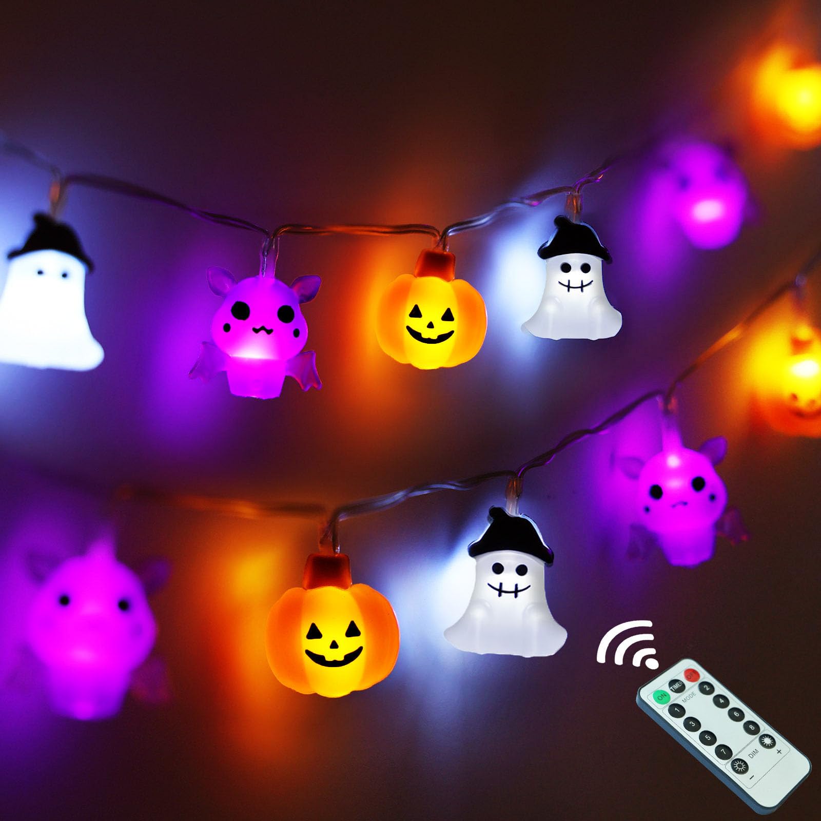 Halloween Lights Decorations, 16.4 Ft 30 Led Pumpkin Bat Ghost Spooky Battery Operated Cute Orange And Purple String Lights Cozy