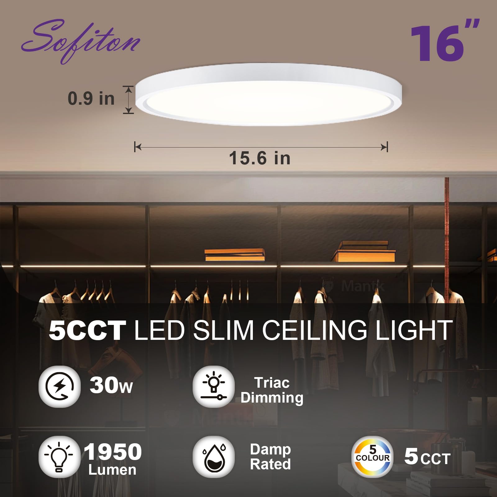 Sofiton 16 Inch Led Ceiling Light Flush Mount, 1950Lm 30W 5 Cct Adjustable Super Slim Flush Ceiling Light, Dimmable, Round Ceili
