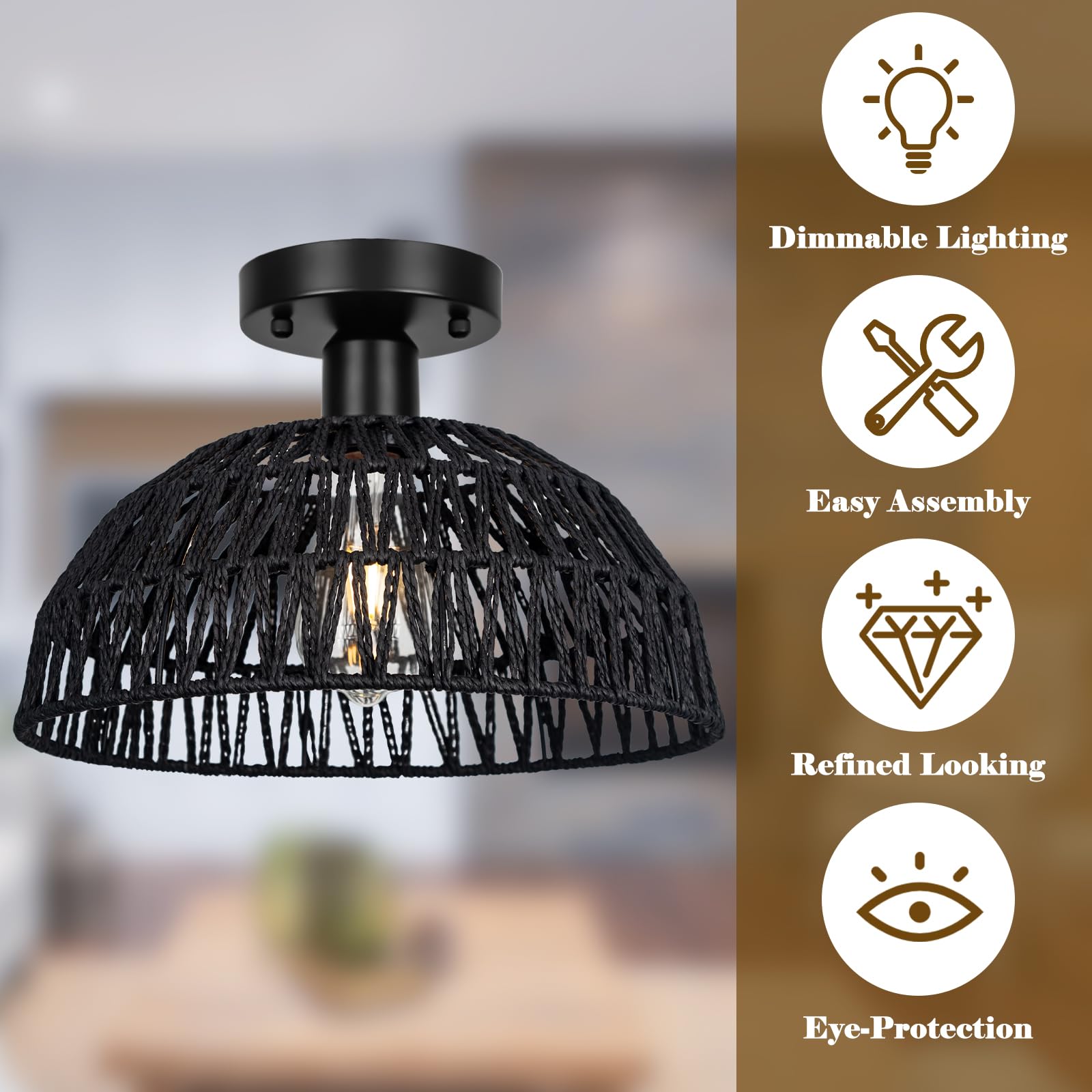 Rattan Ceiling Light Fixtures 2 Packs-Black Rustic Woven Basket Flush Mount Ceiling Light, Handmade Wicker Ceiling Lamp, Rattan