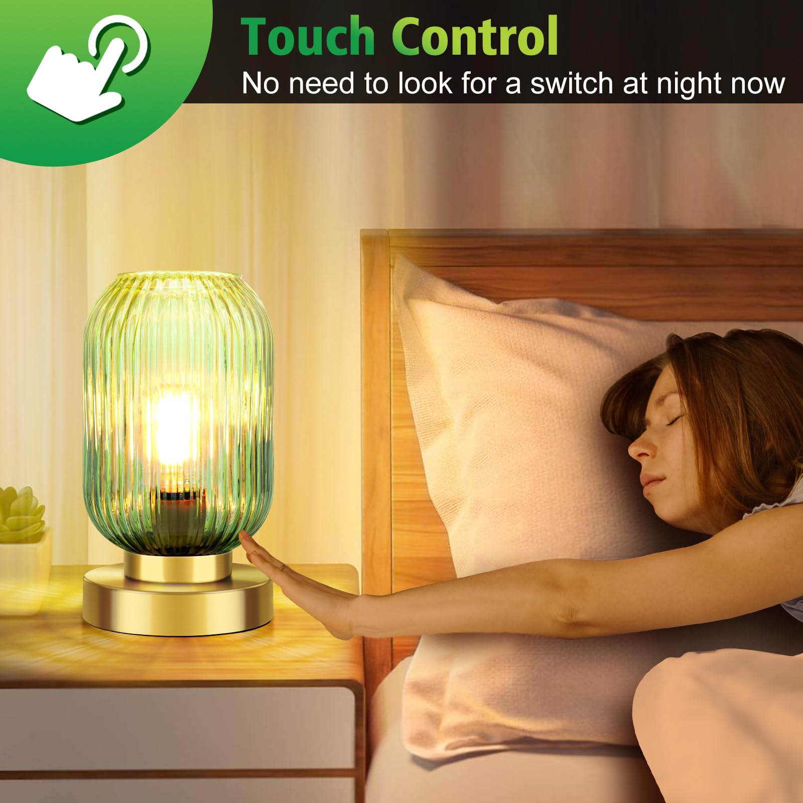 Ledikon Touch Control Mid Century Modern Table Lamp, 3 Way Dimmable, Green Glass, Small Gold, Vintage Bedside Lamp For Bedroom,