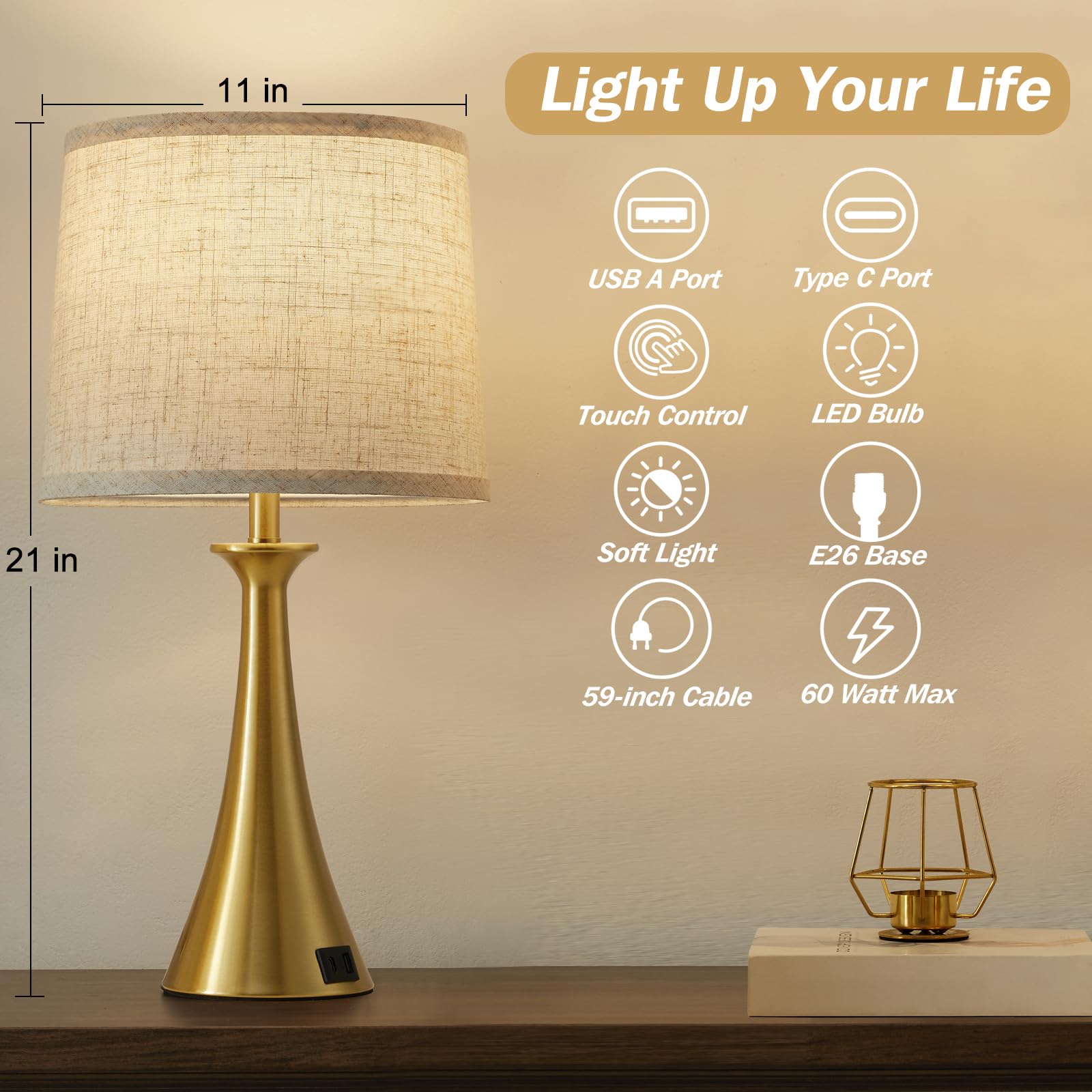 Hikczc Touch Table Lamp Set of 2, 21in Gold, USB C+A Ports, 3-Way Dimmable, Includes 2 LED Bulbs, Model 2T