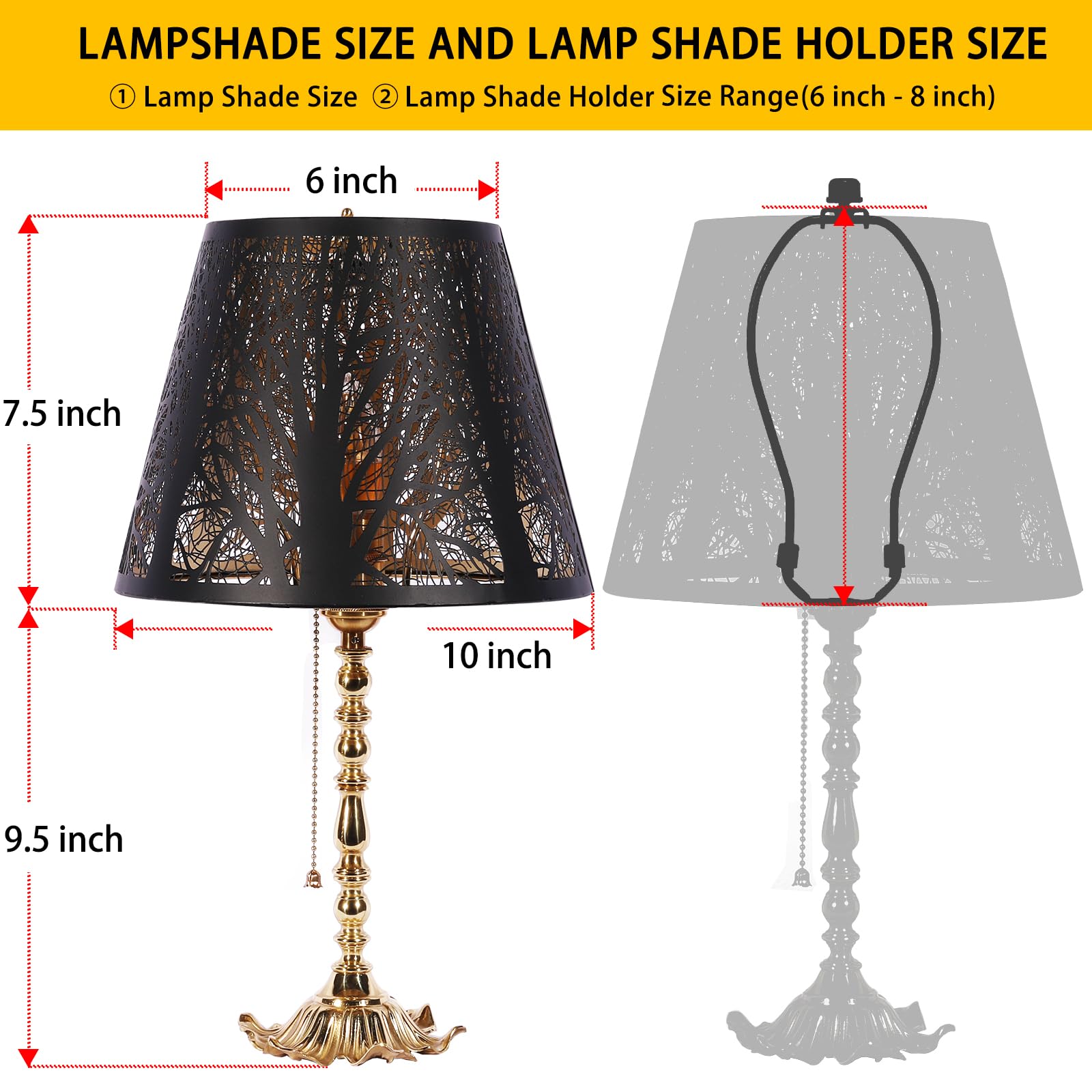ALUCSET Etched Small Forest Metal Lampshade, Black & Gold, 6” Top, 10” Bottom, 7.5” Height, Fits Most Table & Floor Lamps, Model
