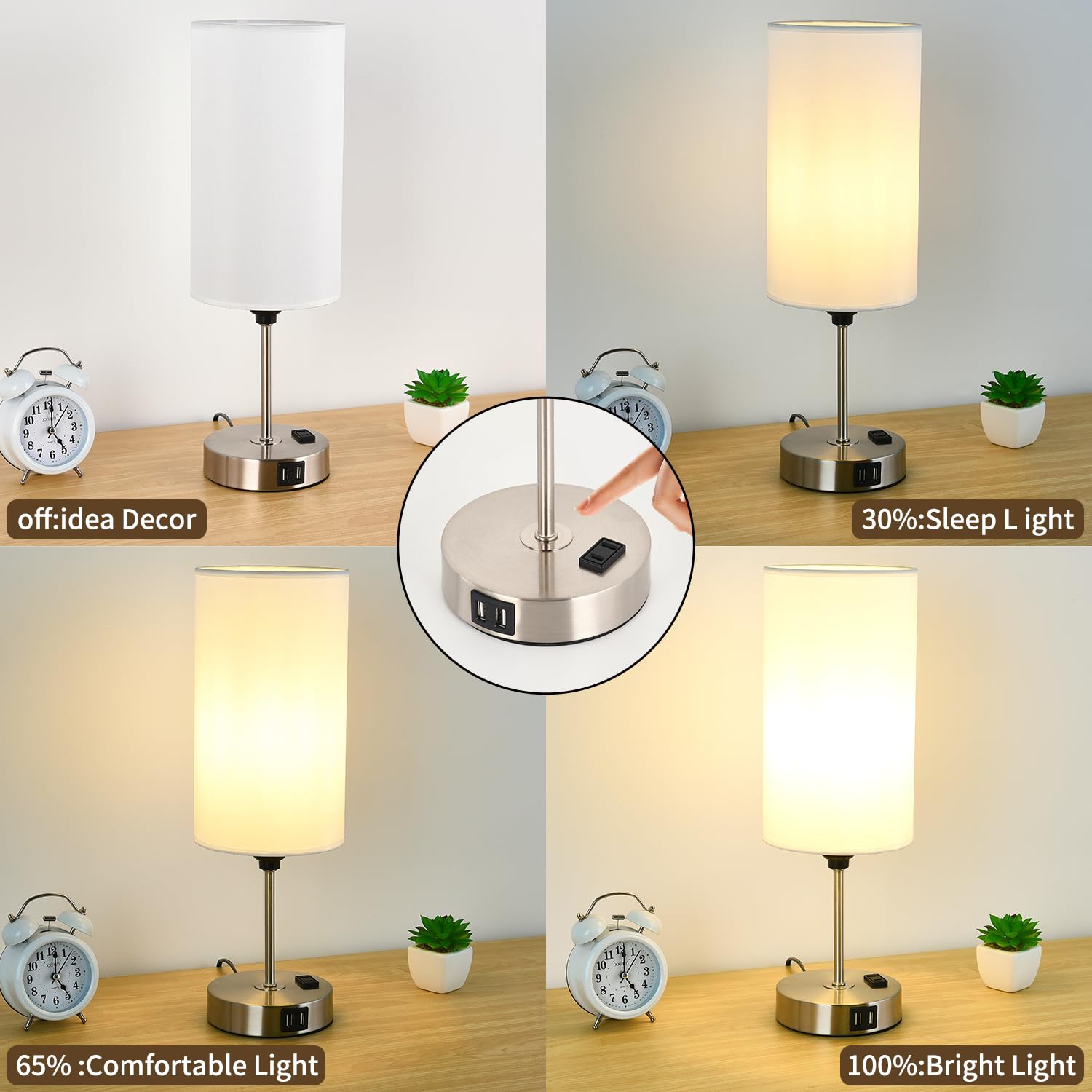 Woderdeng Touch Control Table Lamp - 3-Way Dimmable Bedside Lamps With Usb Port And Outlet,Nightstand Lamp For Bedroom Decor,Bru