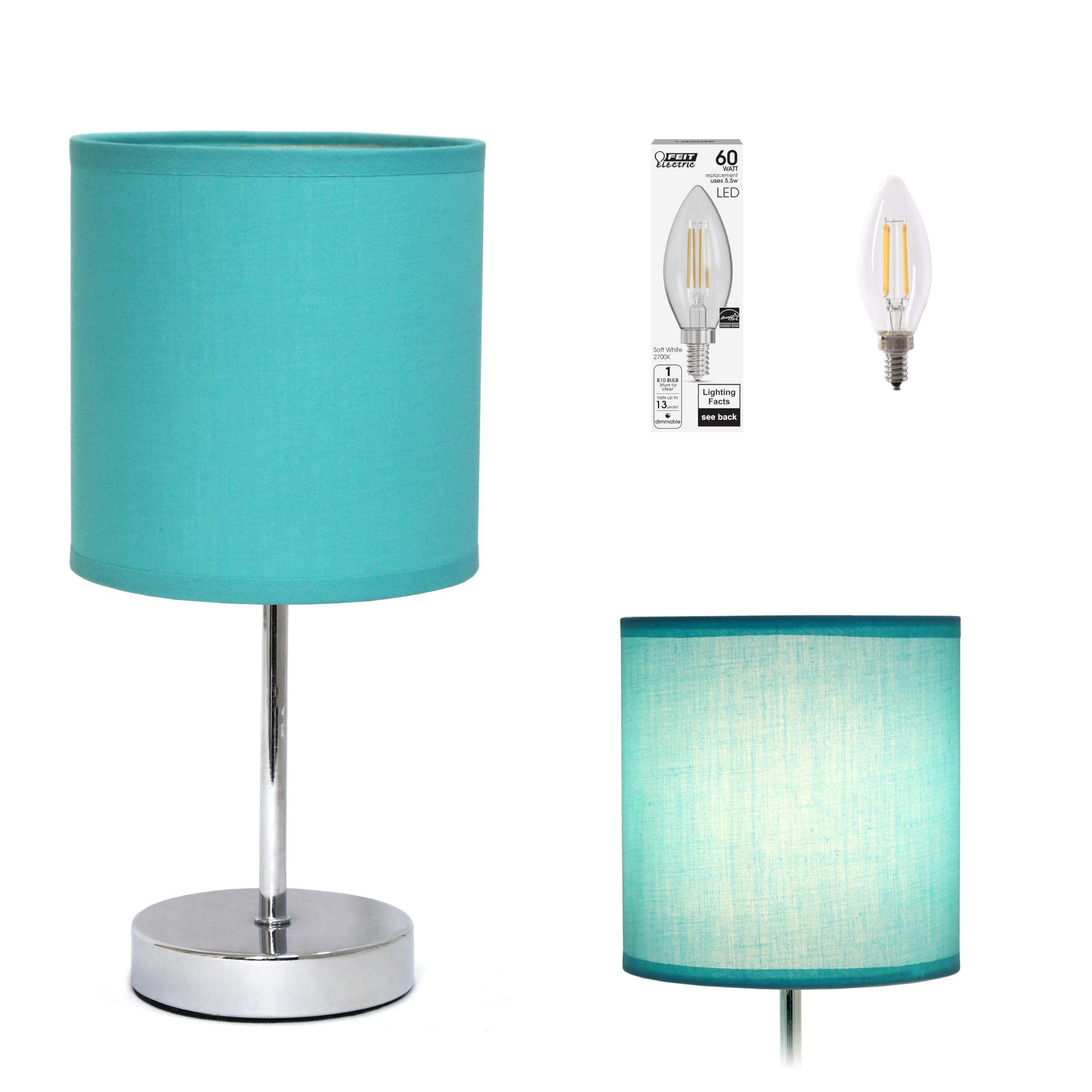 Simple Designs Lt2007-Blu-Lb Basic Chrome Mini Table Lamp For Living Room, Nightstand, Desk, Countertop, Blue, With Feit Led Bul