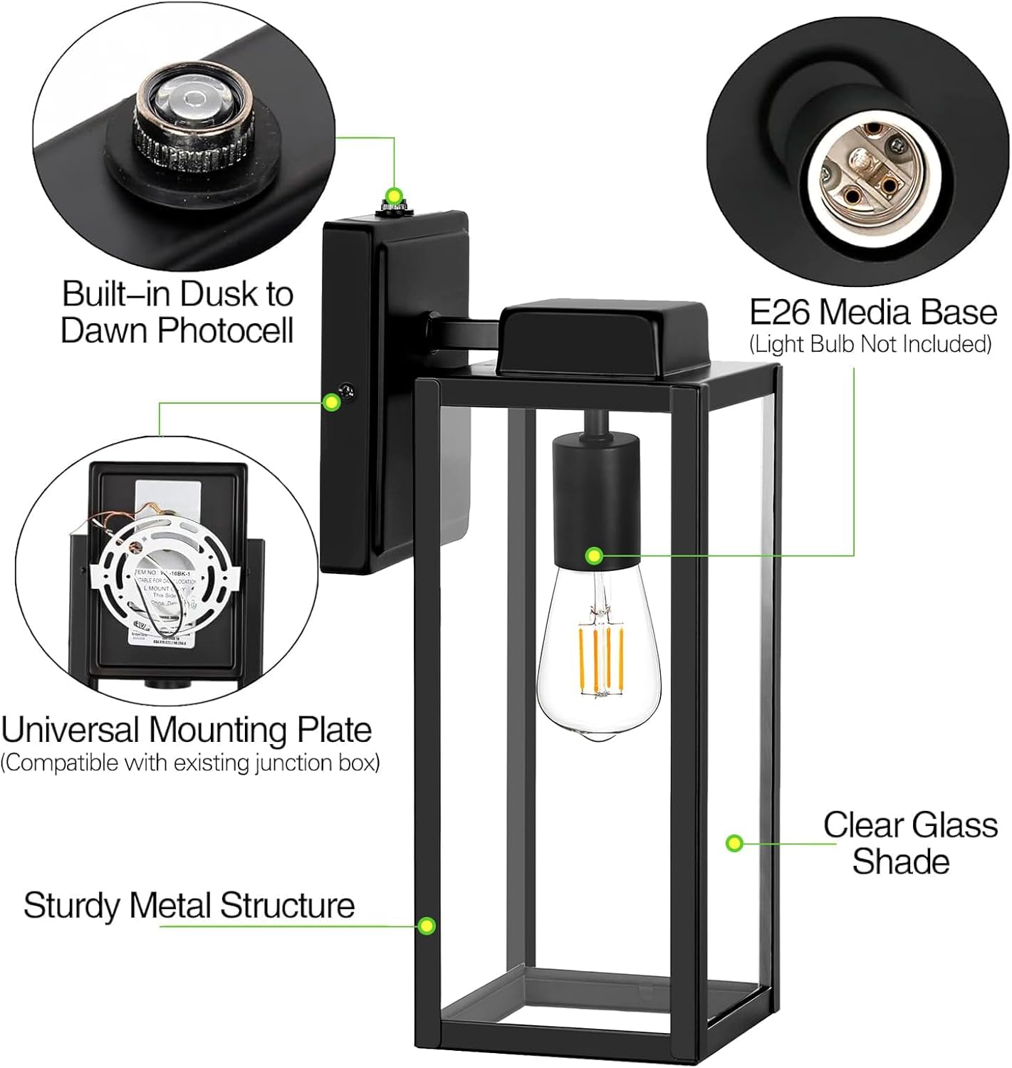 hykolity Large Outdoor Wall Light, 16 Inch Waterproof Sconce, Matte Black, Dusk to Dawn, Glass Shade, Anti-Rust, Model WLA-0413, 2 Pack