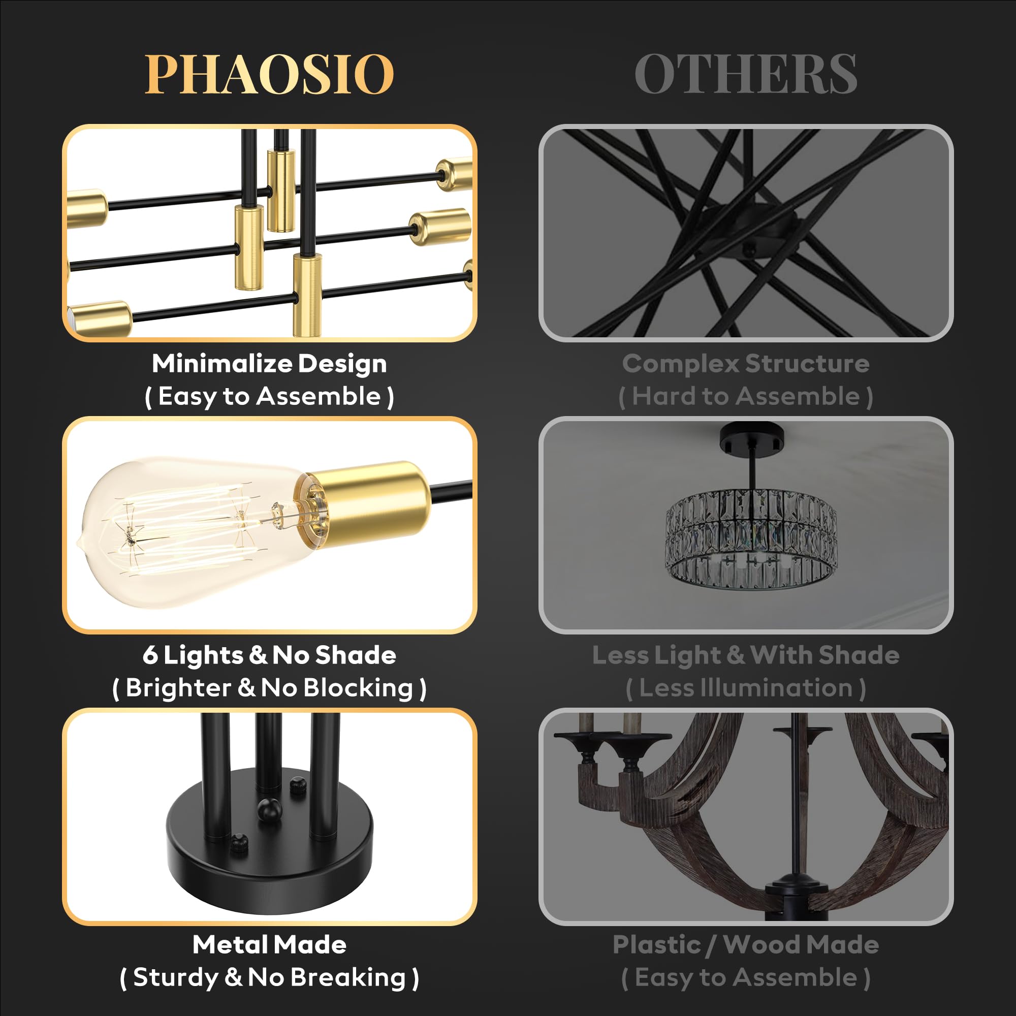 Phaosio Modern Sputnik Chandelier Ceiling Light Fixtures, 6-Lights Mid Century Industrial Metal Semi Flush Mount Lamp For Bedroo