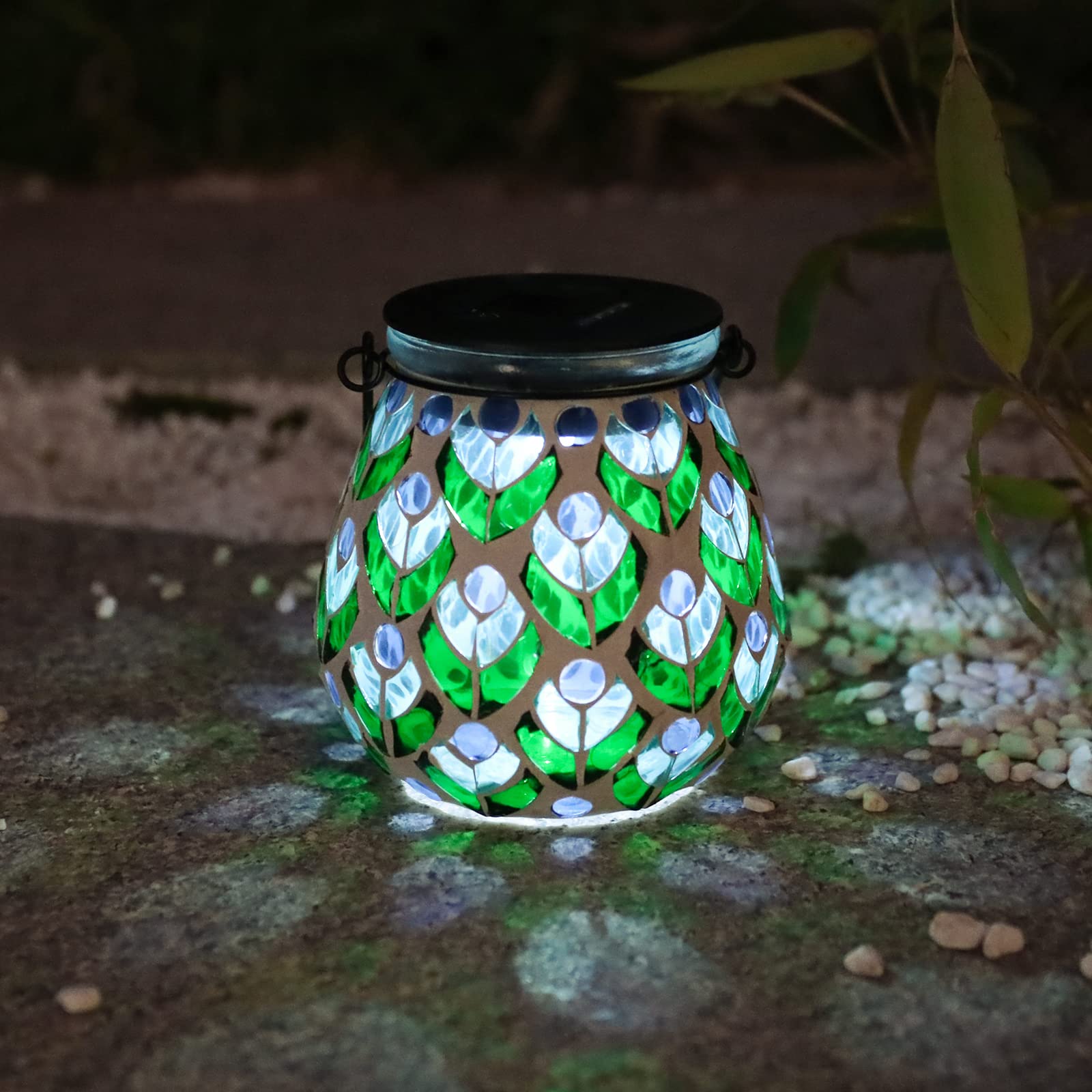 Afirst Mosaic Solar Lantern - Glass Hanging Waterproof Table Lamp for Garden, Patio, Holiday; Peacock Color, Model 4431880