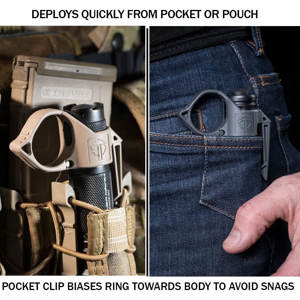 Thyrm Switchback Large 2.0 Flashlight Ring (Urban Grey, Non-Dual Fuel Version) Finger Release Ring With Pocket Clip For Many 1-Inch Diameter Lights, Made In Usa