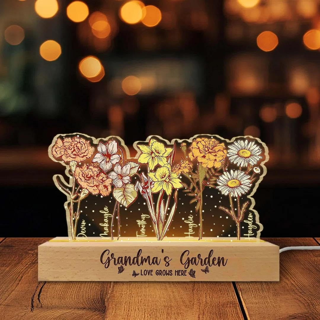 Personalized Moms Garden Night Light, Custom Birth Flower Lamp with Kids Names, Gift for Mothers Day Mom, Customized Acrylic L