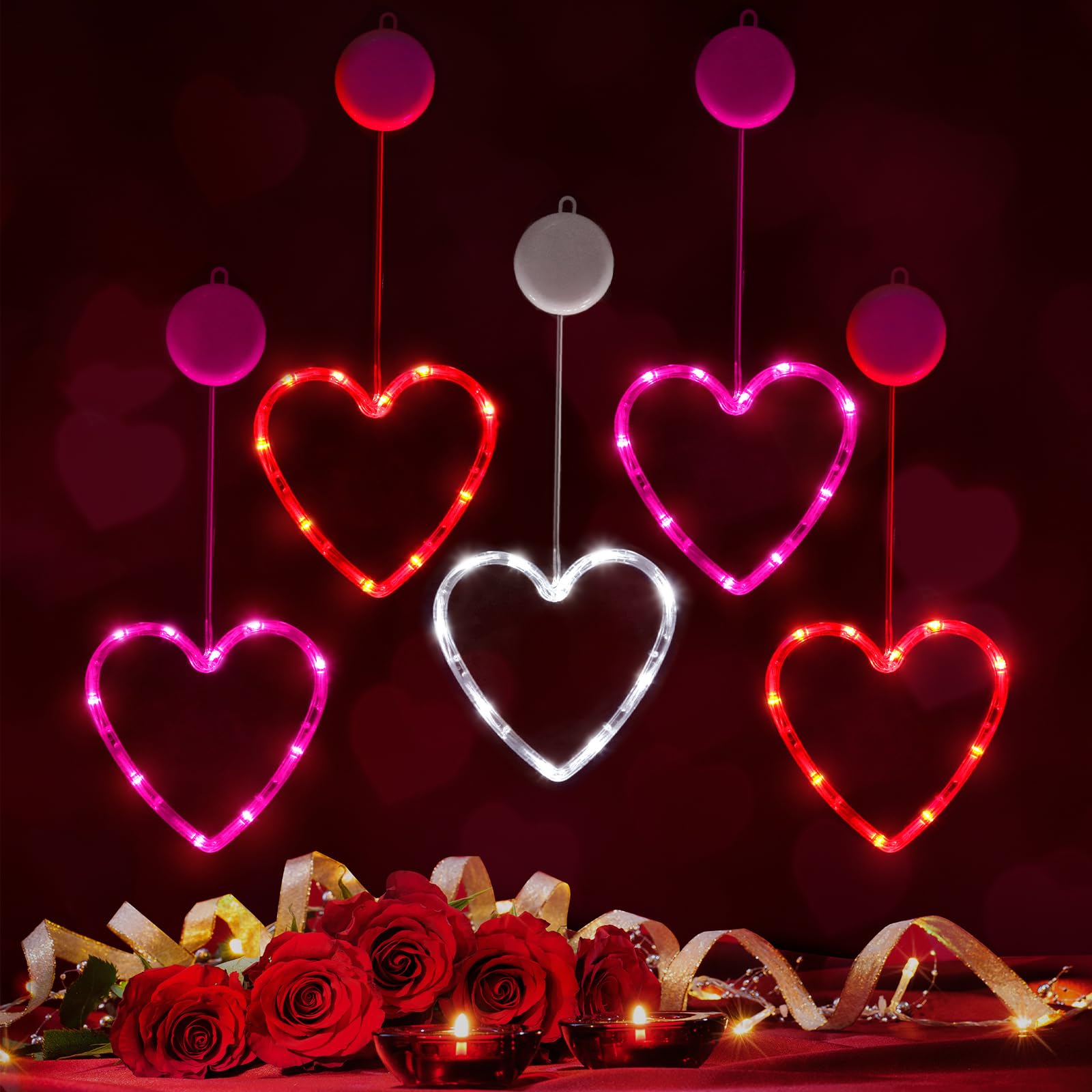 Baquler 5 Pcs Timed Valentine's Day Window Lights Hanging Red Heart Lights with Suction Cup Battery Operated Heart LED Light for
