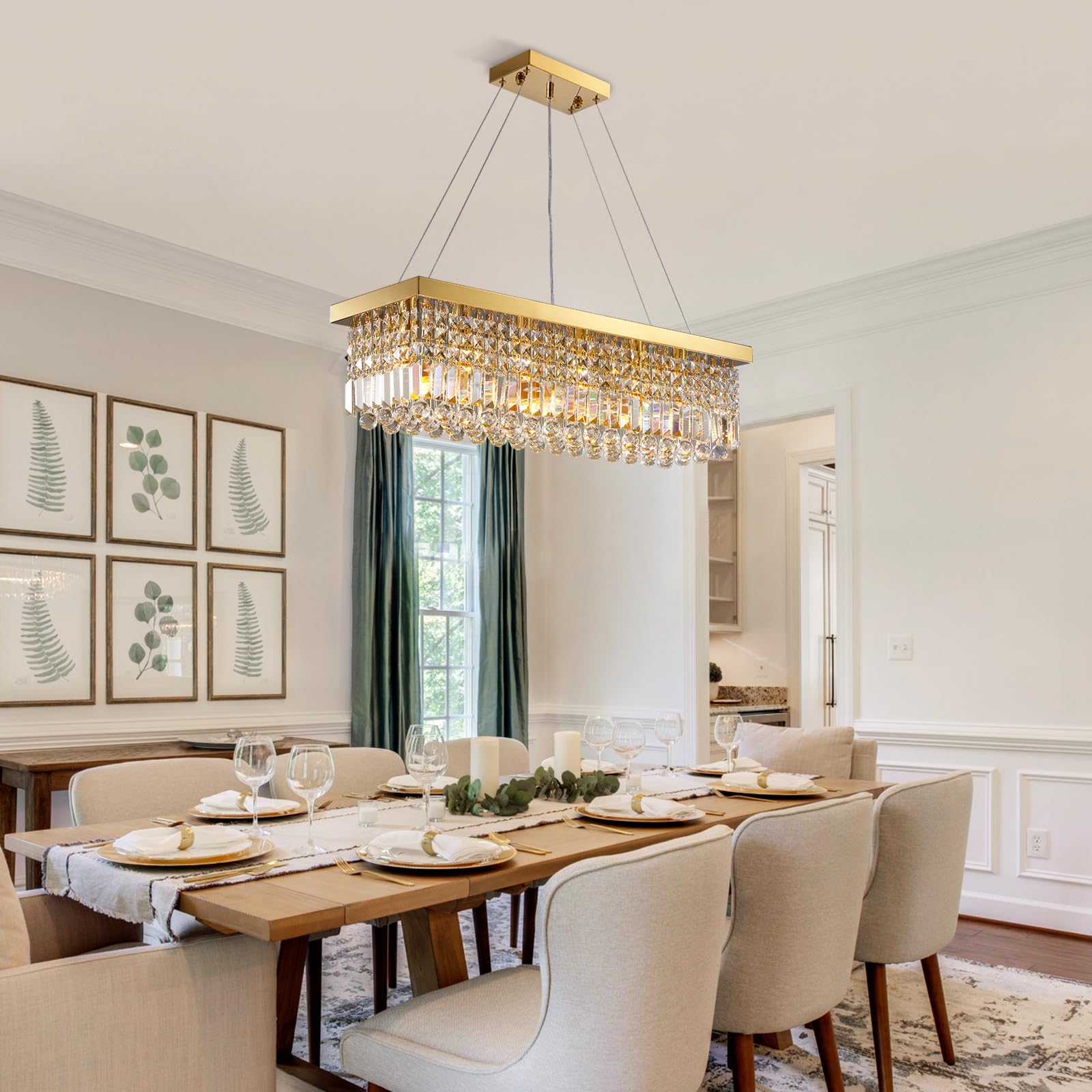 Siljoy 6-Light Crystal Chandelier, Gold K9 Raindrop, L31.5'' x W10'' x H10'', Adjustable Ceiling Pendant for Dining Room and Kitchen