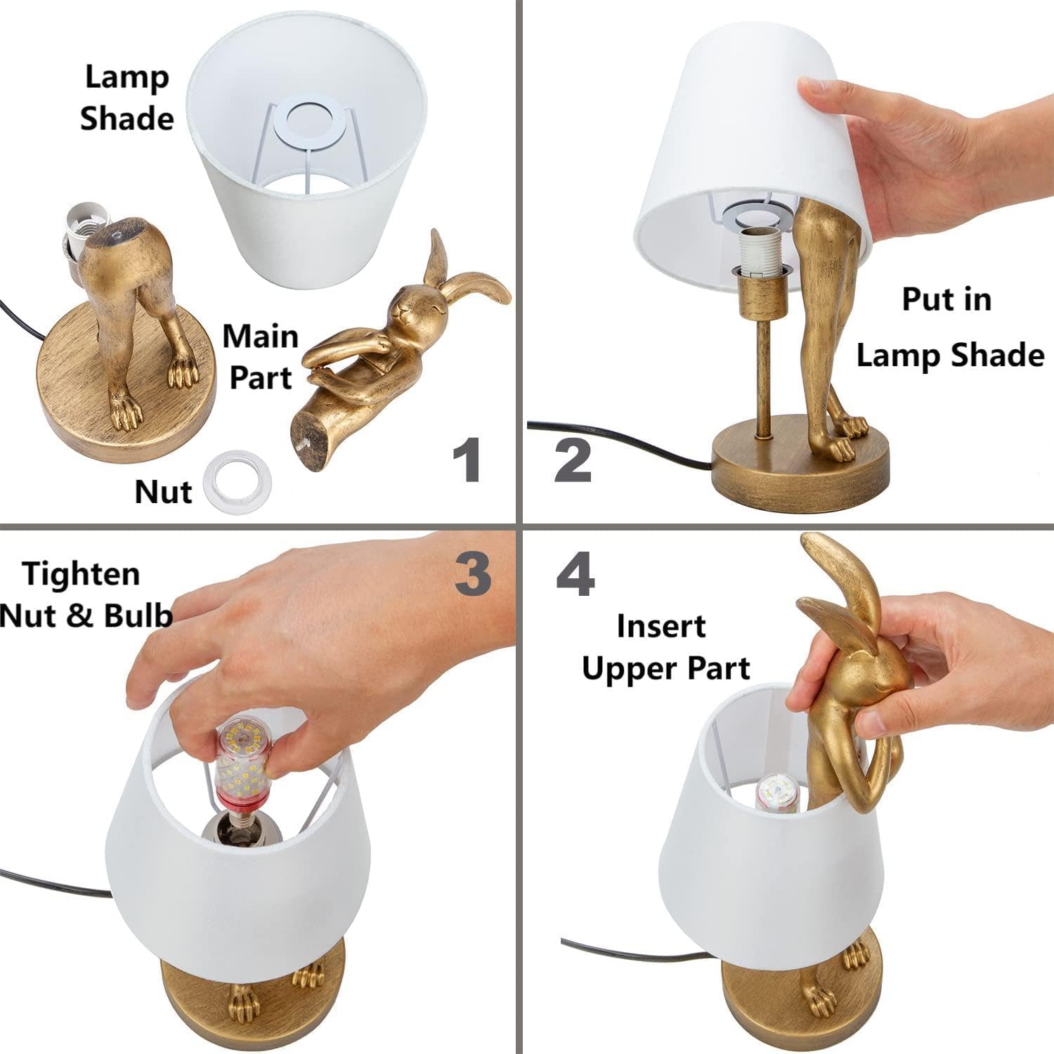 Yht Bunny Table Lamp,Cute Animal Rabbit Lamp,15.7'' Vintage Led Desk Light With Linen Lampshade,Gold Main Part Beside Lamp For B