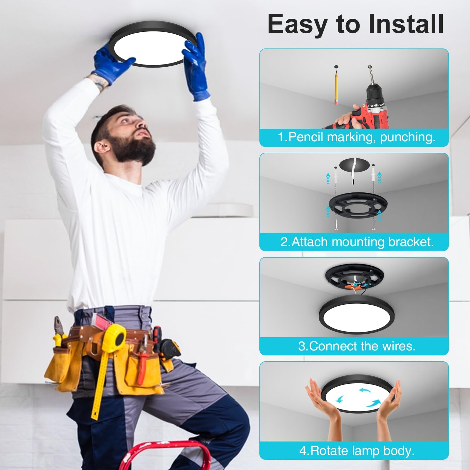 Libtit 12 Pack Black Led Ceiling Light - 7 Inch 15W 1500Lm Small Ceiling Lighting Fixture, 3000K/4000K/6500K Color Selectable, R