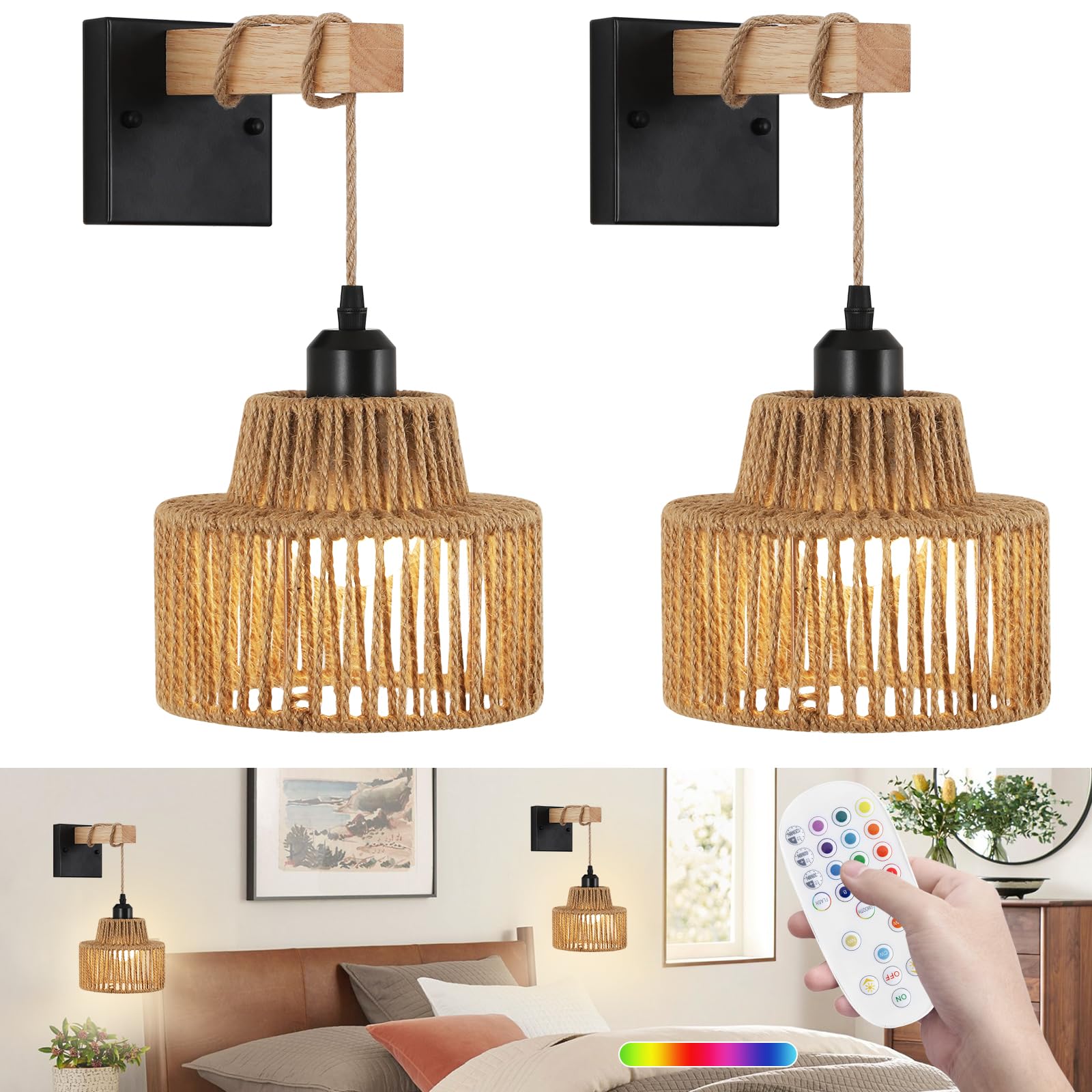 XIGUCUCN Battery Operated Wall Sconces Set of 2,Rattan wall Sconce with Remote Control,Rechargeable Boho Wall Light Dimmable,Far