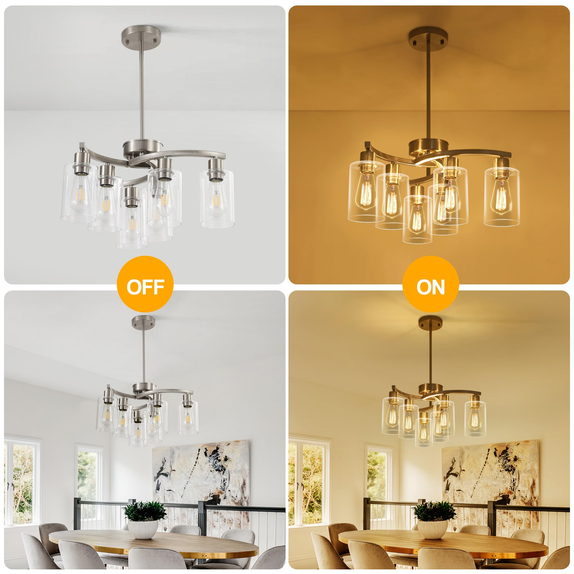 Cnratye 6-Light Brushed Nickel Chandeliers For Dining Room Light Fixtures Over Table, Adjustable Height Hanging Industrial Penda