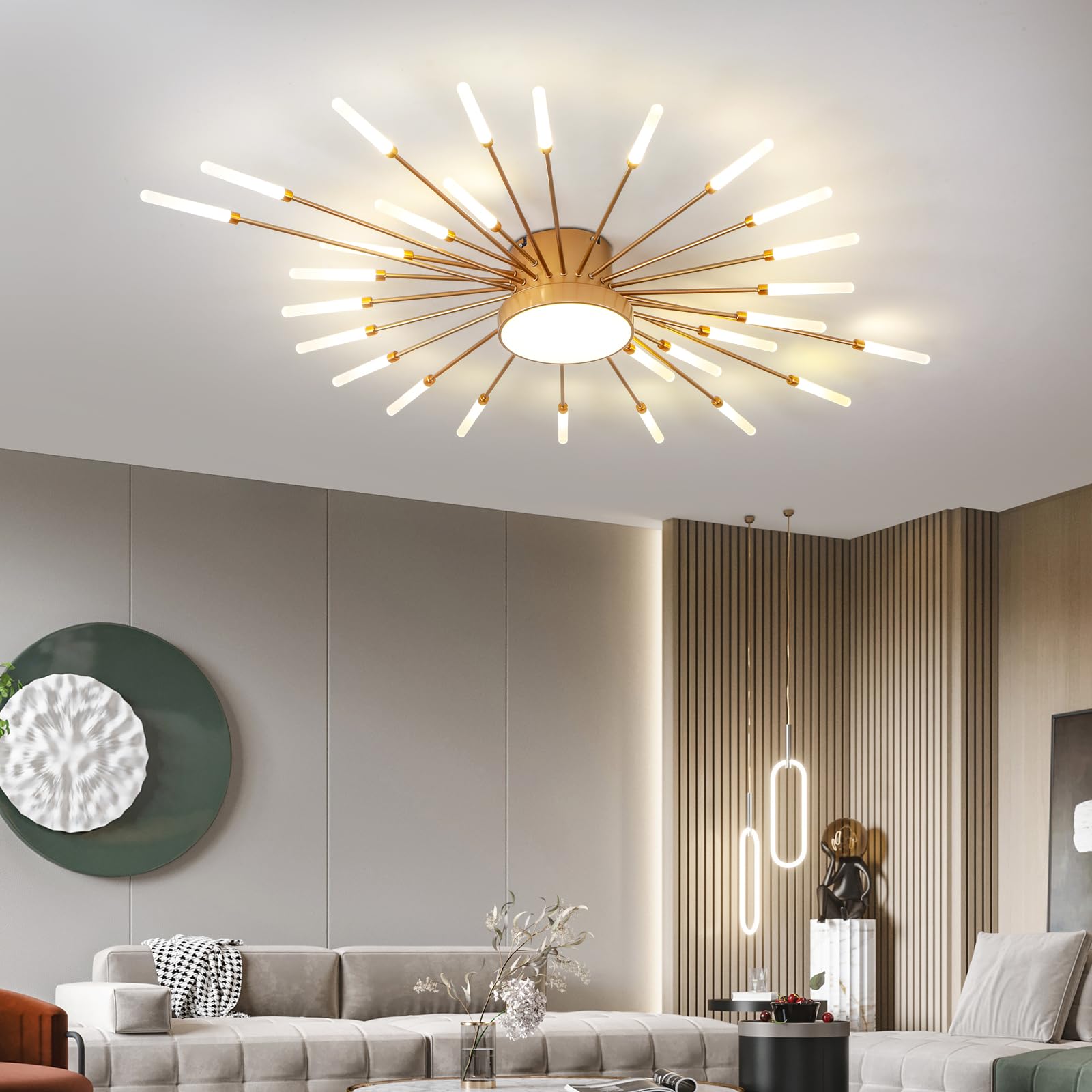 JAYMP Ceiling Light Modern Flower Shape Ceiling Lamp for Living Room Dining Room Flush Mount Metal Acrylic Sputnik Firework Petal LED Lighting Fixture (Matte Gold, 28+1 Lights)