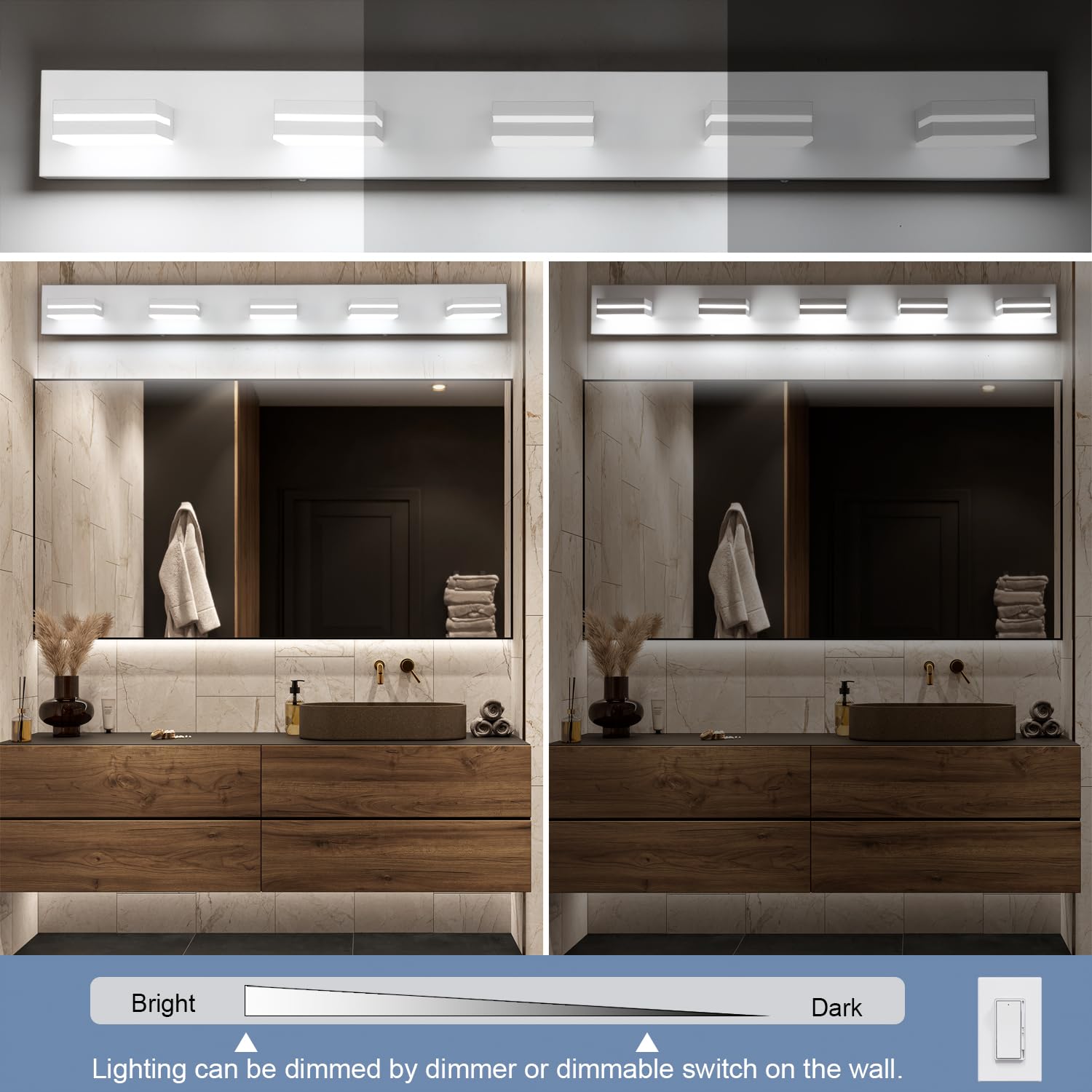 SineRise LED Bathroom Vanity Light Fixture, 5-Light, 40-Inch, Dimmable, Matte White, Stainless Steel, Model 741dca6e-d13c-4b