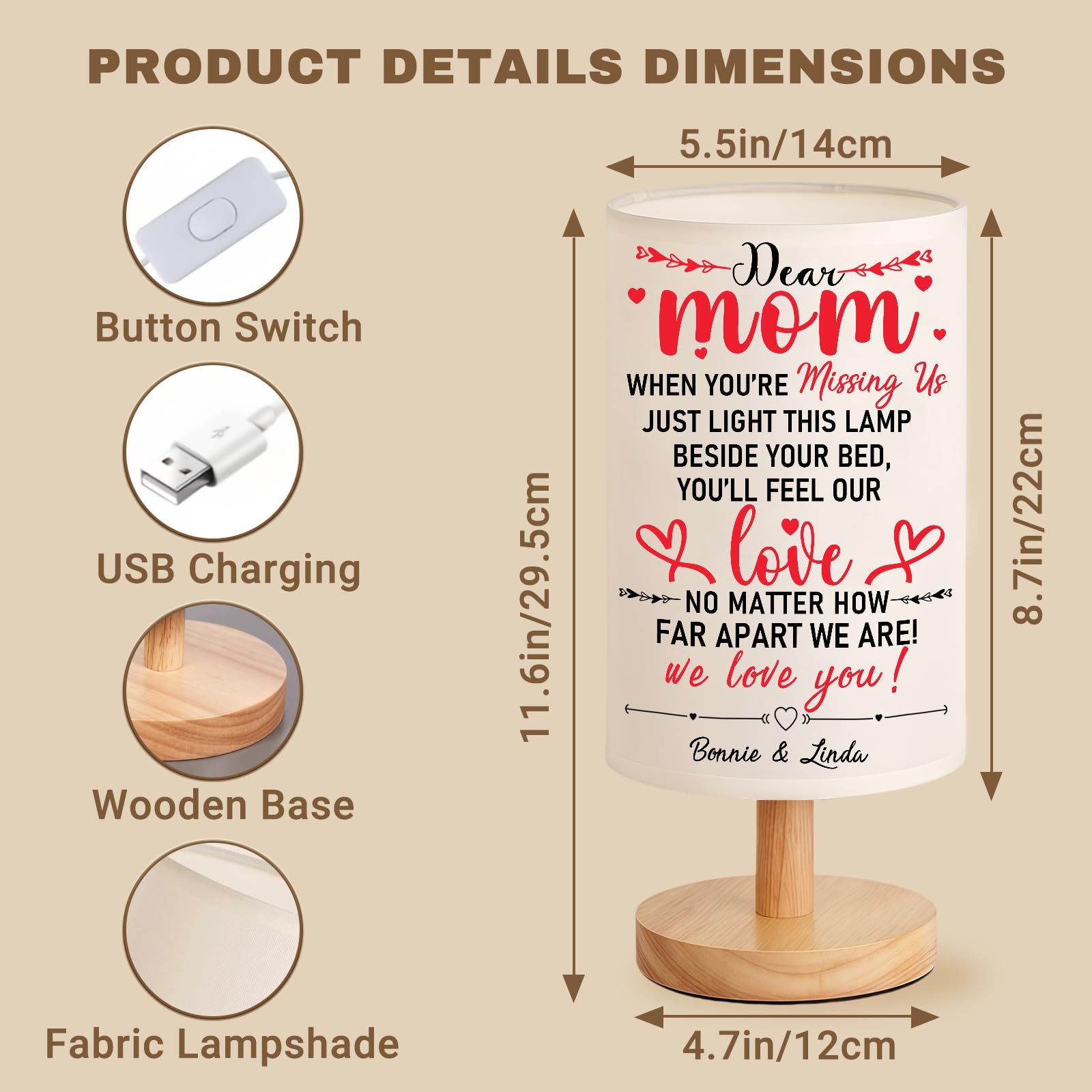 Joxofo Mothers Day Personalized Gifts - Custom Table Lamp With Wooden Base, Customizable Kid'S Name Birthday Gifts For Mom From