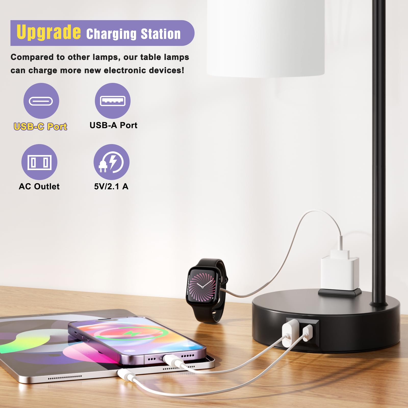 Industrial Touch Bedside Lamps For Bedrooms Set Of 2 - 3-Way Dimmable Nightstand Lamps With Usb C+A Ports And Outlet, Table Lamps With Opal Glass Shade For Living Room, Desk Lamps For Home Office
