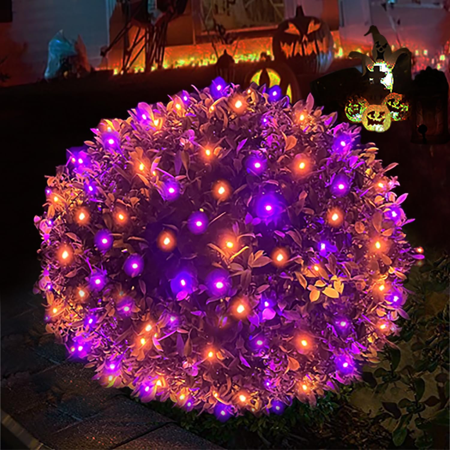 Halloween Lights Outdoor,100LED 5ftx5ft Halloween Net Lights With Connectable, Waterproof ,UL Certified and Durable Green Wire Design for Bushes,Trees,Halloween Decorations Outdoor(Purple&Orange)
