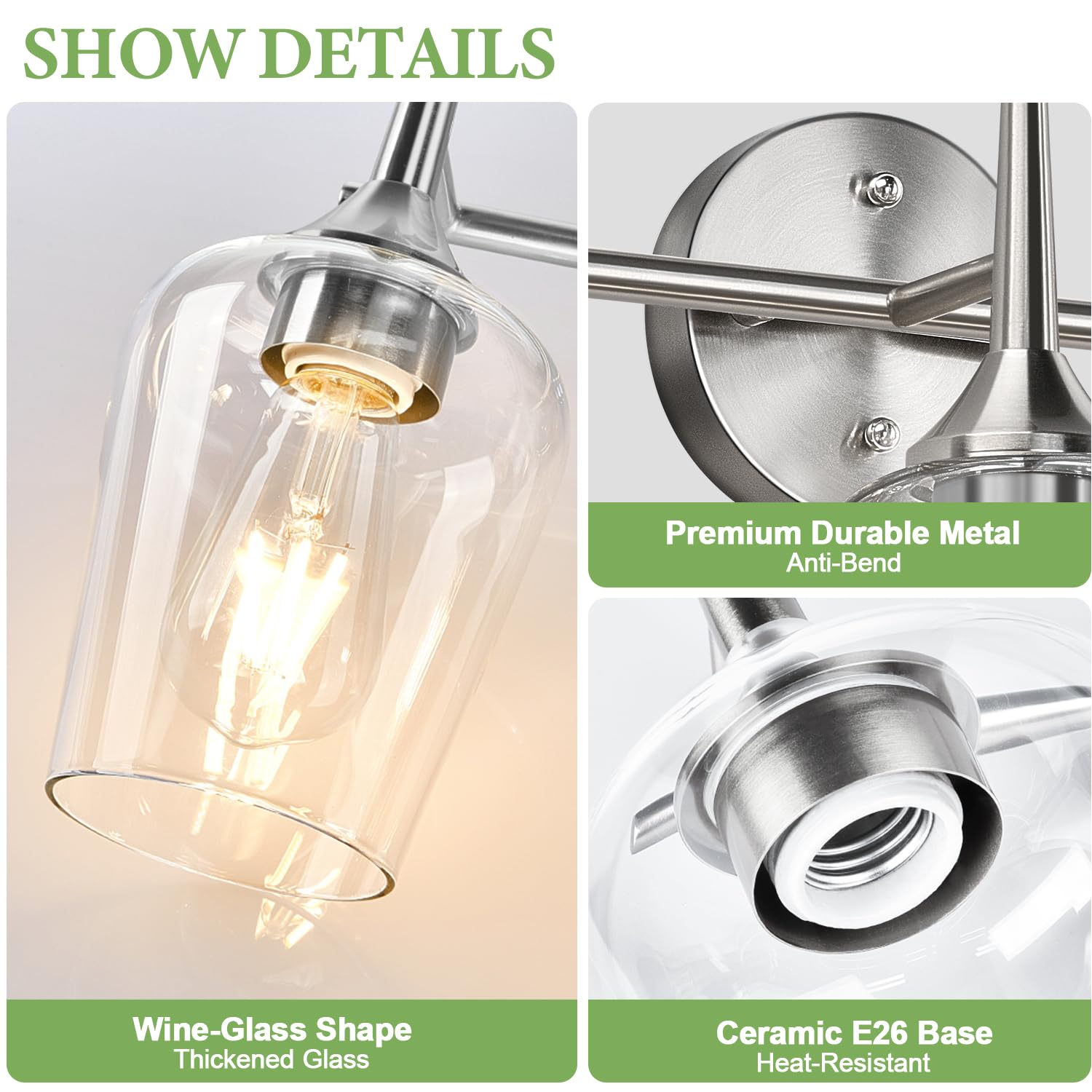 Mokatng 3-Light Bathroom Light Fixtures  19.5 In Brushed Nickle Vanity Lights For Bathroom With Clear Glass  Bathroom Lighting Fixtures Over Mirror  Modern Wall Lamp For Cabinet Hallway