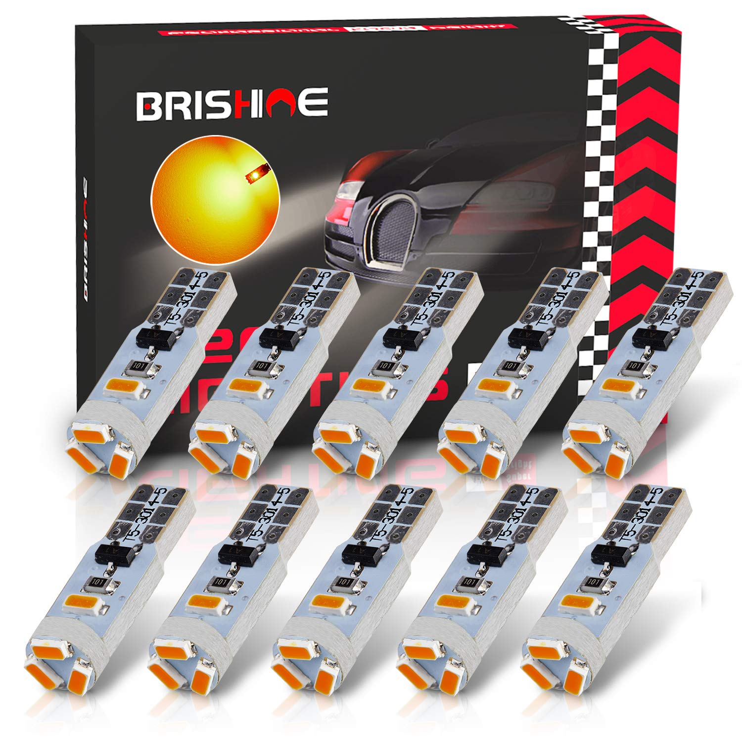 Brishine 10X T5 Led Bulbs Amber Yellow Canbus Error Free 3014 Chipsets 74 2721 37 Pc74 70 73 17 Led Bulbs For Interior Gauge Clu