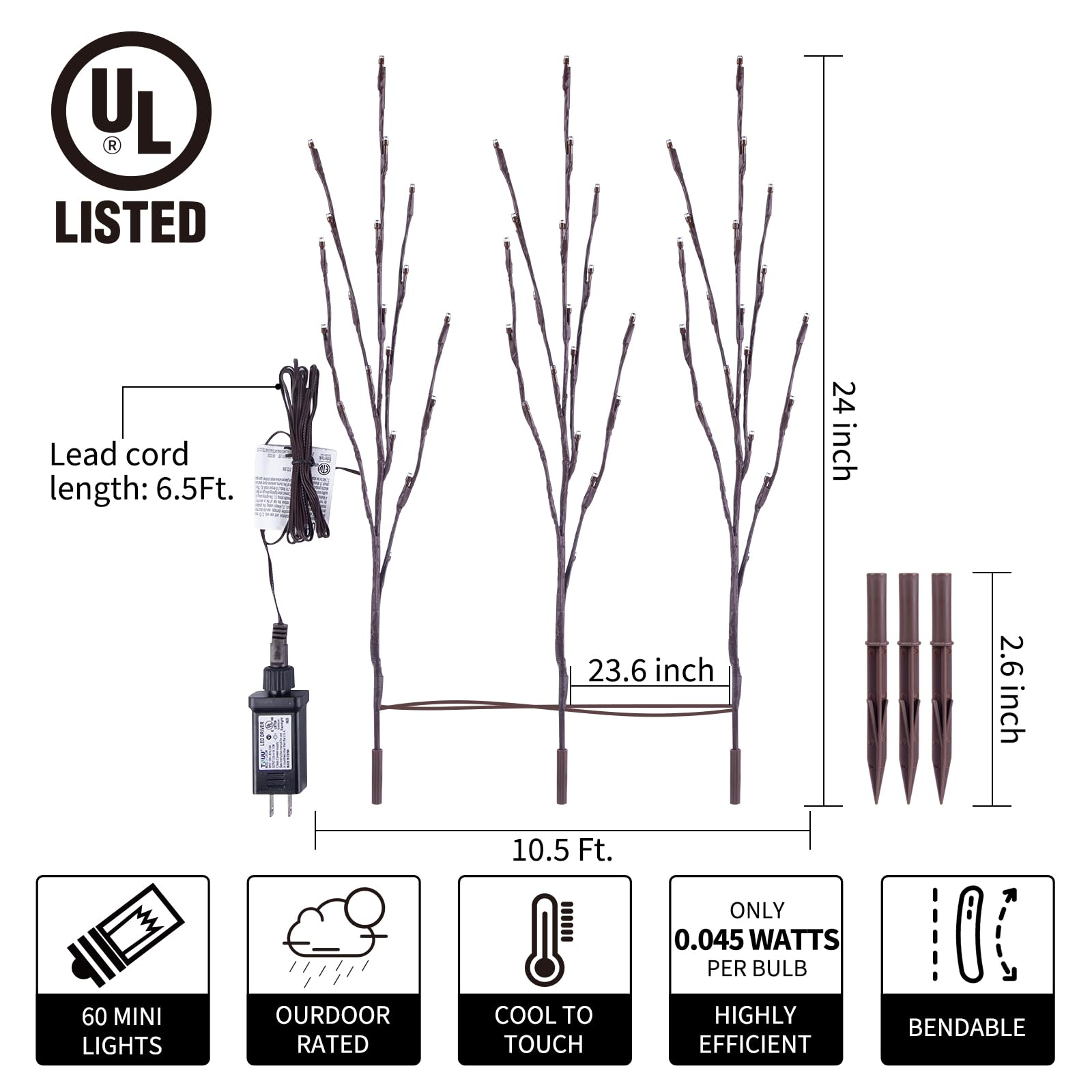 Minetom Lighted Branches for Vases - 24-Inch 60 LED White Twig Lights, 3 Pack, Bendable for Indoor/Outdoor Christmas Decoration