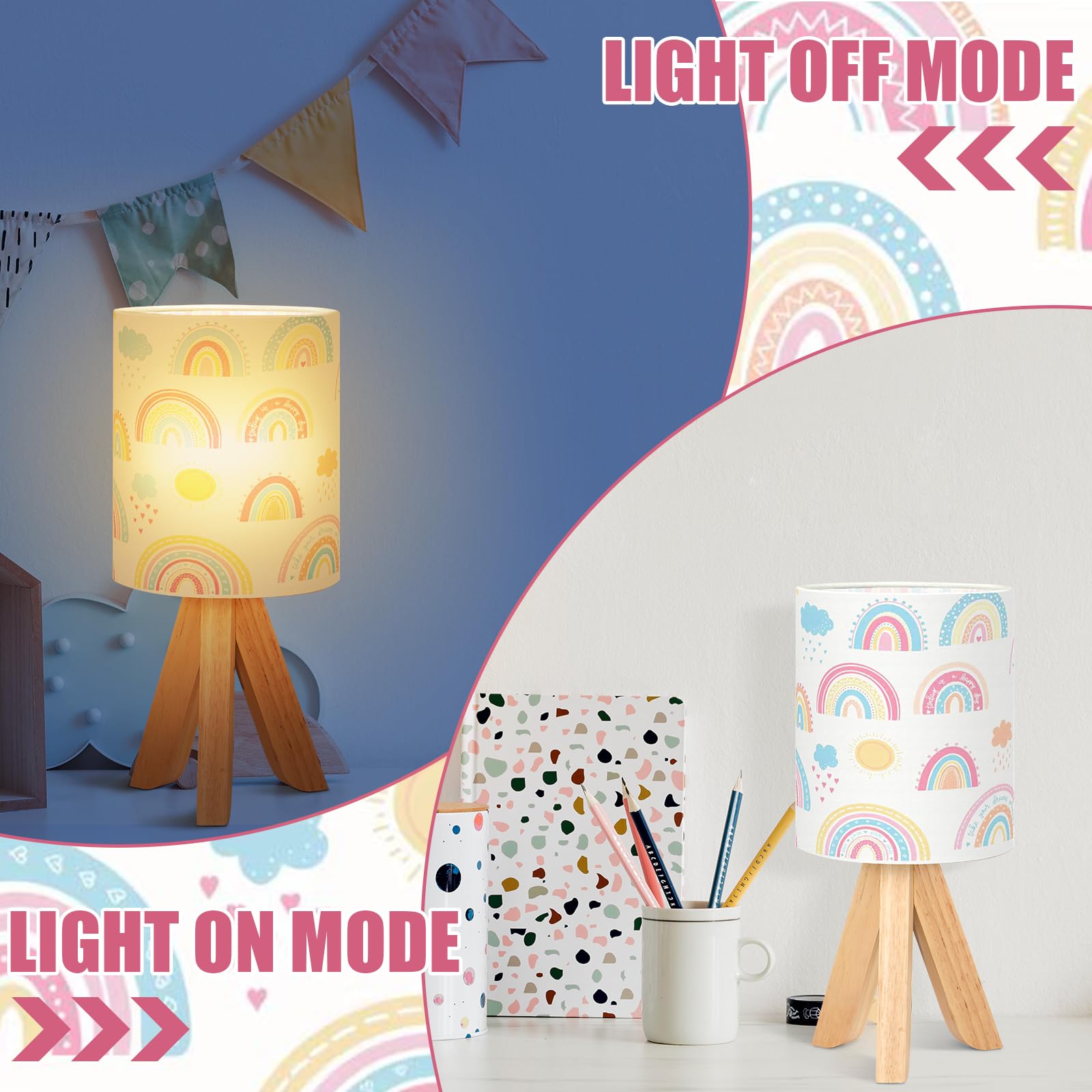 Vihose Rainbow Table Lamp For Bedroom Kids Rainbow Bedside Lamp With Linen Wooden Nightstand Cartoon Nursery Lampshade For Girls