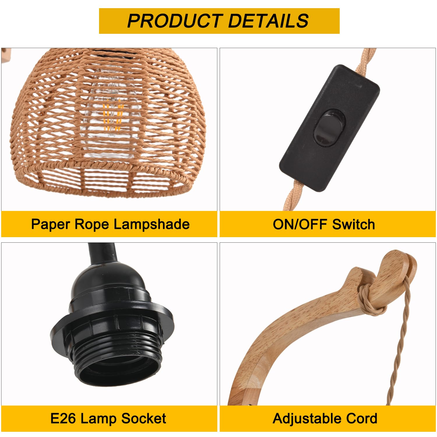 CAFULAM Wicker Wall Sconce - Hand Woven Rattan Plug-in Lamp, Rustic Boho Design, 7.87" Color: Natural, Model WPGSCN, Perfect for Living